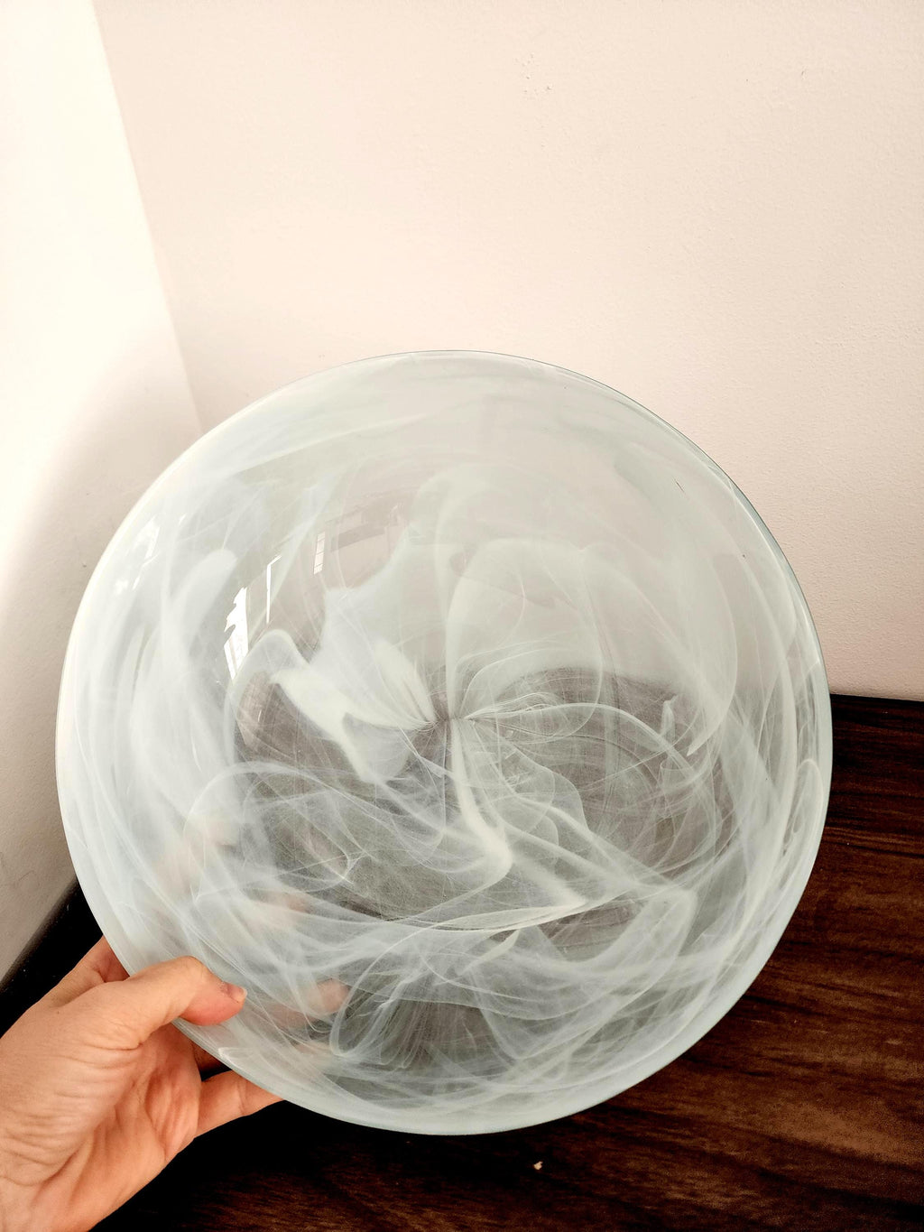 Vintage Swirled Glass Bowl White Smoke Pattern Centerpiece 11" (28cm) Decorative Heavy Art Glass Bowl Modern Minimalist Home
