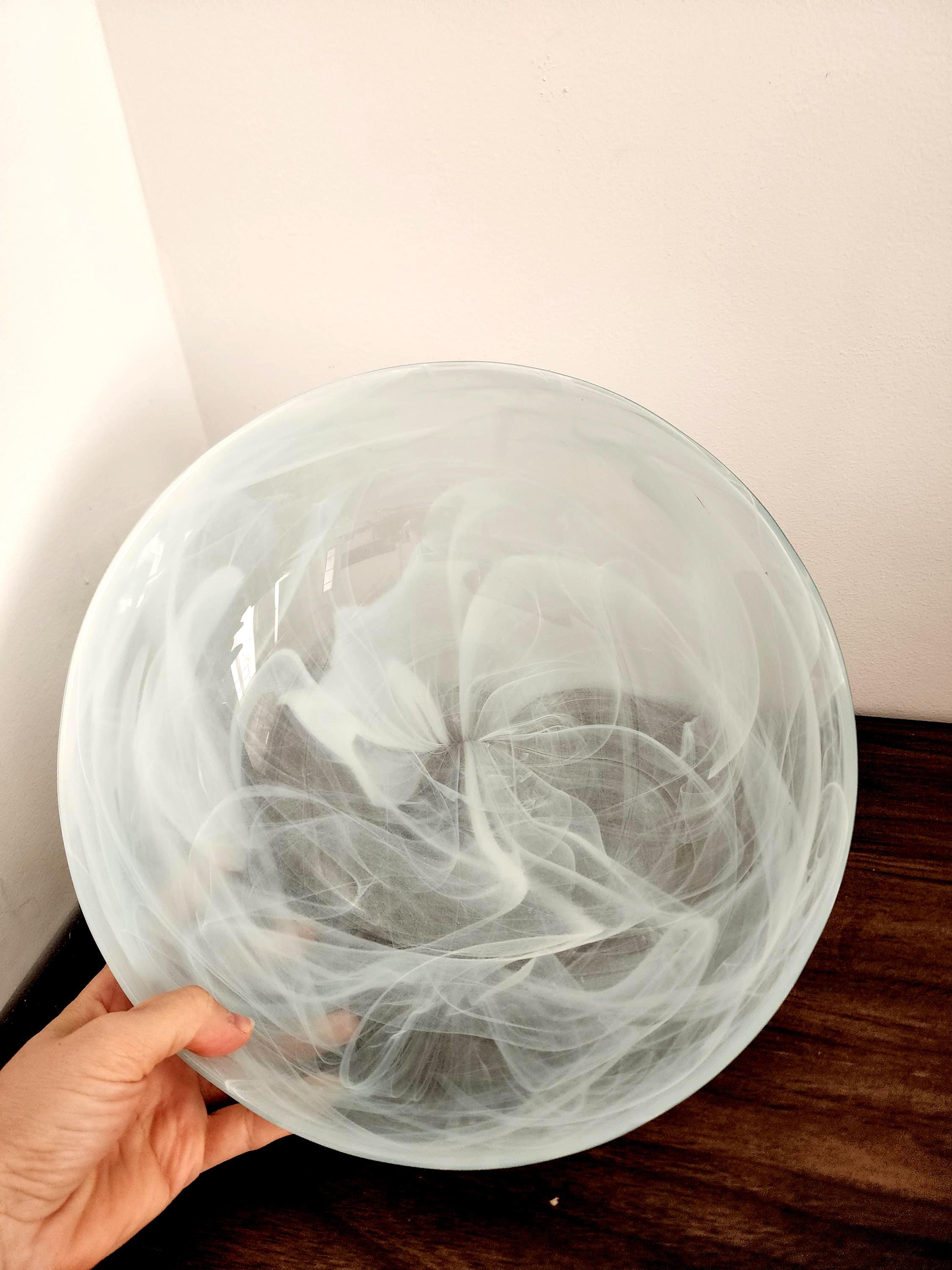 Vintage Swirled Glass Bowl White Smoke Pattern Centerpiece 11" (28cm) Decorative Heavy Art Glass Bowl Modern Minimalist Home