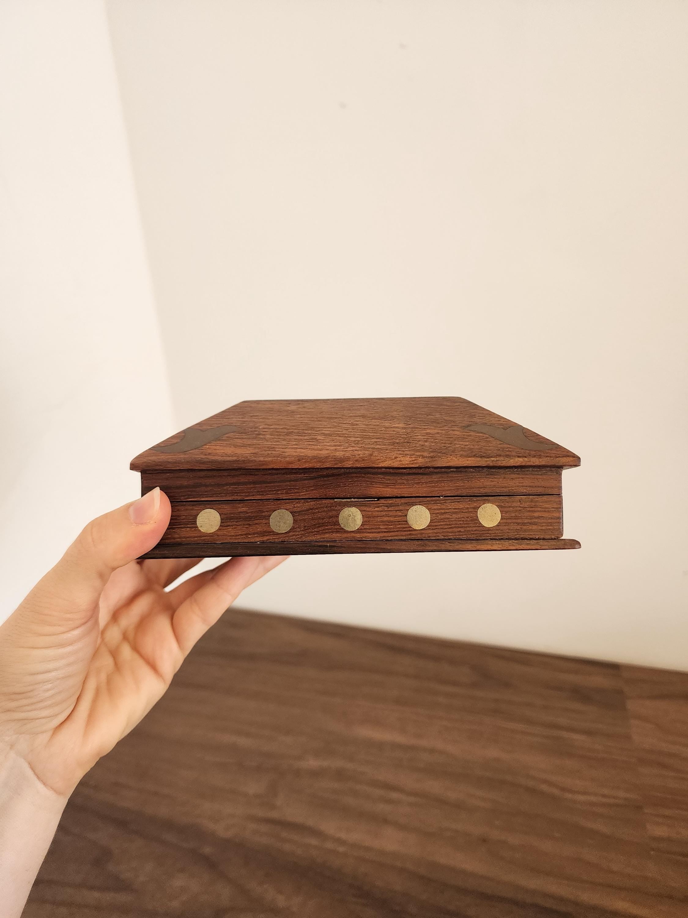 Vintage Wooden Box with Brass Inlay | Handcrafted Trinket or Jewelry Box