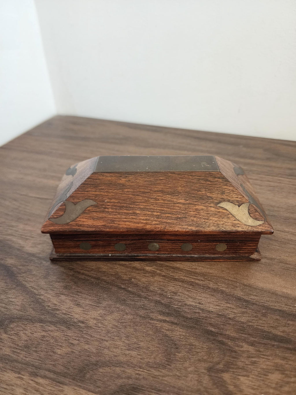 Vintage Wooden Box with Brass Inlay | Handcrafted Trinket or Jewelry Box
