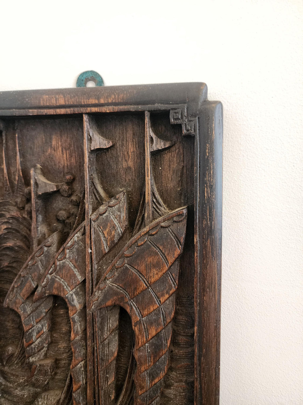 Vintage Hand-Carved Wooden Wall Art | Asian Junk Boat Relief Panel | Asian wood hand carved boat scene