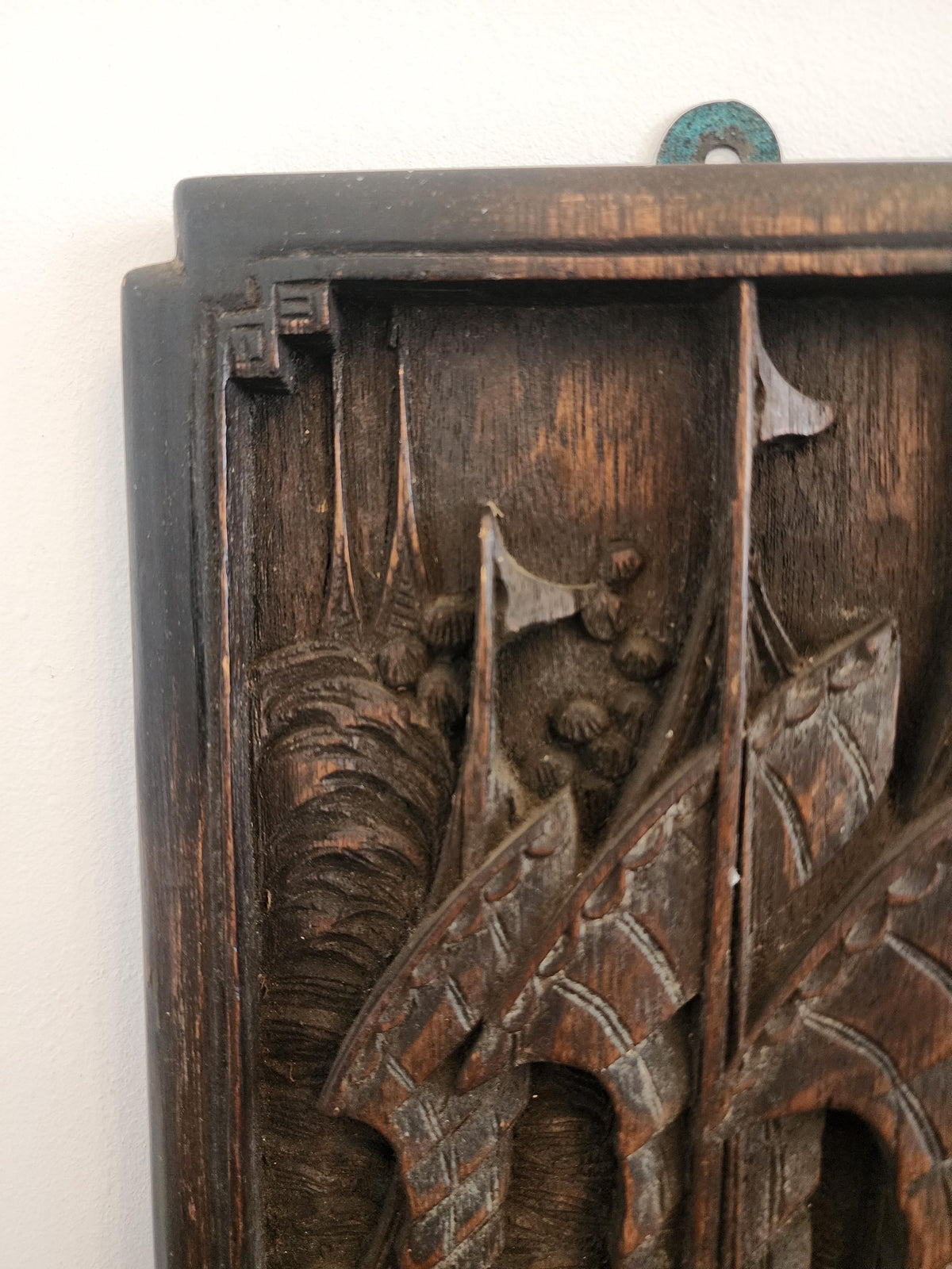 Vintage Hand-Carved Wooden Wall Art | Asian Junk Boat Relief Panel | Asian wood hand carved boat scene