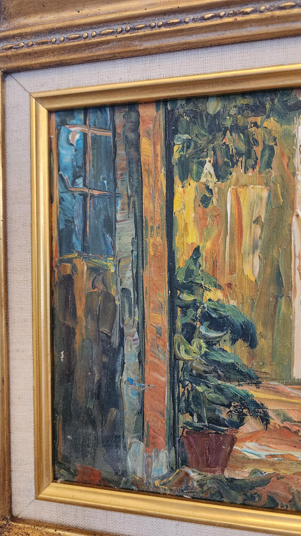 Vintage Framed Oil Painting – Courtyard Scene in Gold Frame | Impressionist Style Wall Art