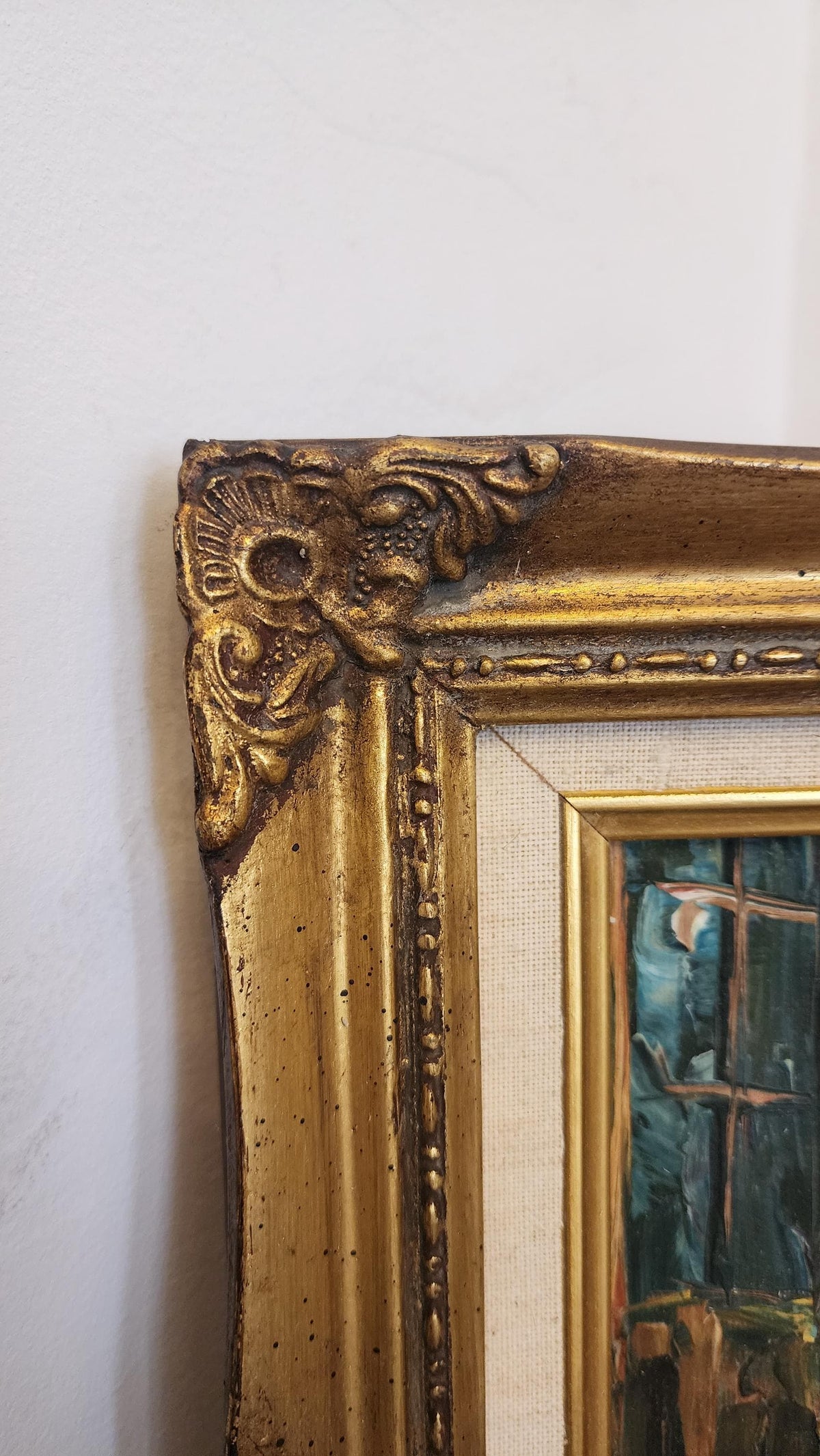 Vintage Framed Oil Painting – Courtyard Scene in Gold Frame | Impressionist Style Wall Art