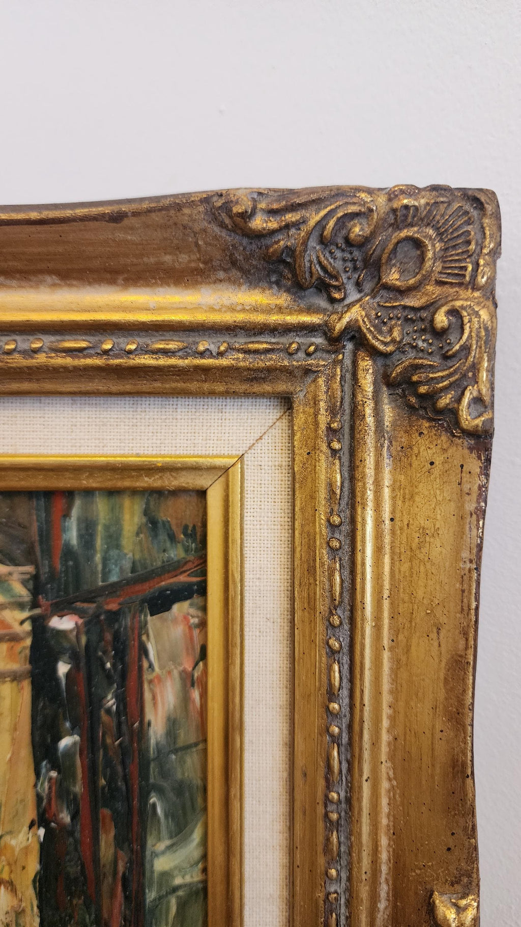 Vintage Framed Oil Painting – Courtyard Scene in Gold Frame | Impressionist Style Wall Art