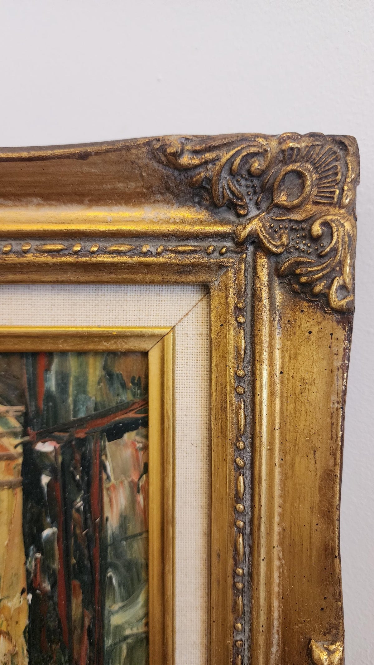 Vintage Framed Oil Painting – Courtyard Scene in Gold Frame | Impressionist Style Wall Art
