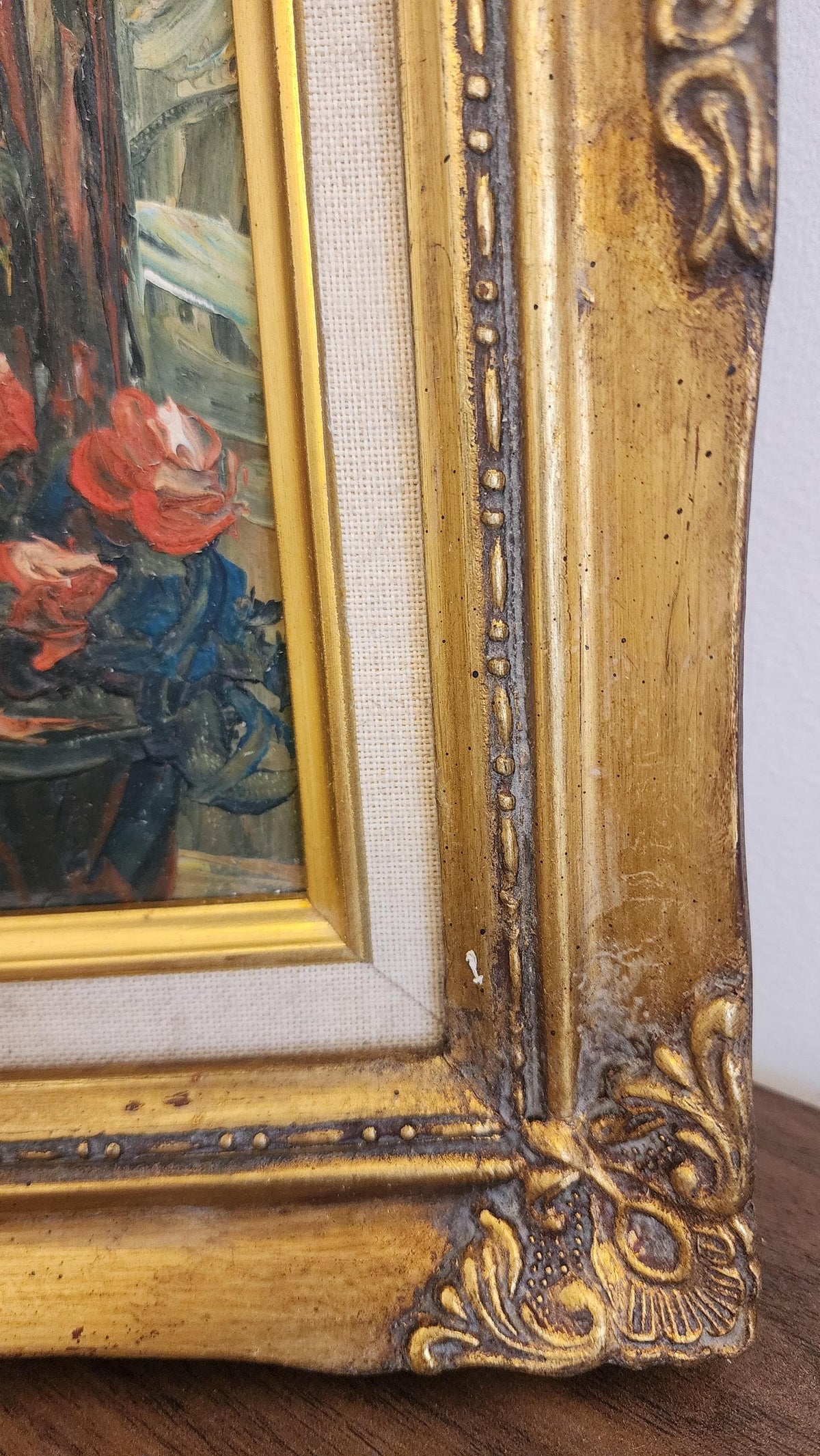 Vintage Framed Oil Painting – Courtyard Scene in Gold Frame | Impressionist Style Wall Art