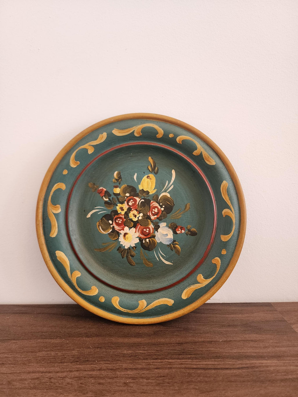 Vintage Swedish Hand Painted Wooden Plate | Folk Art Floral Wall Decor | Scandinavian Rustic Kitchenware | Boho Country Style Gift