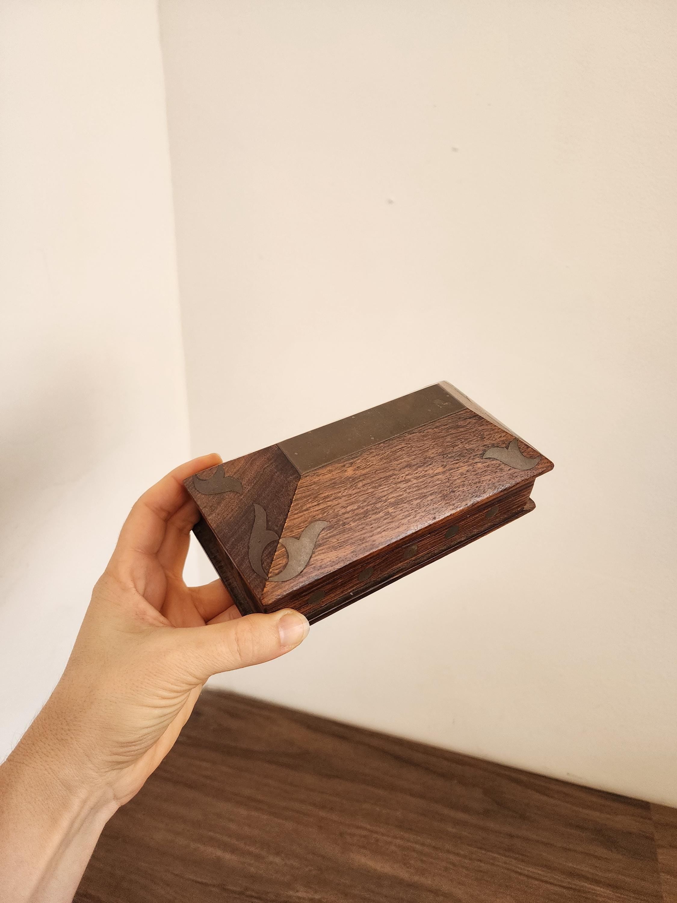Vintage Wooden Box with Brass Inlay | Handcrafted Trinket or Jewelry Box