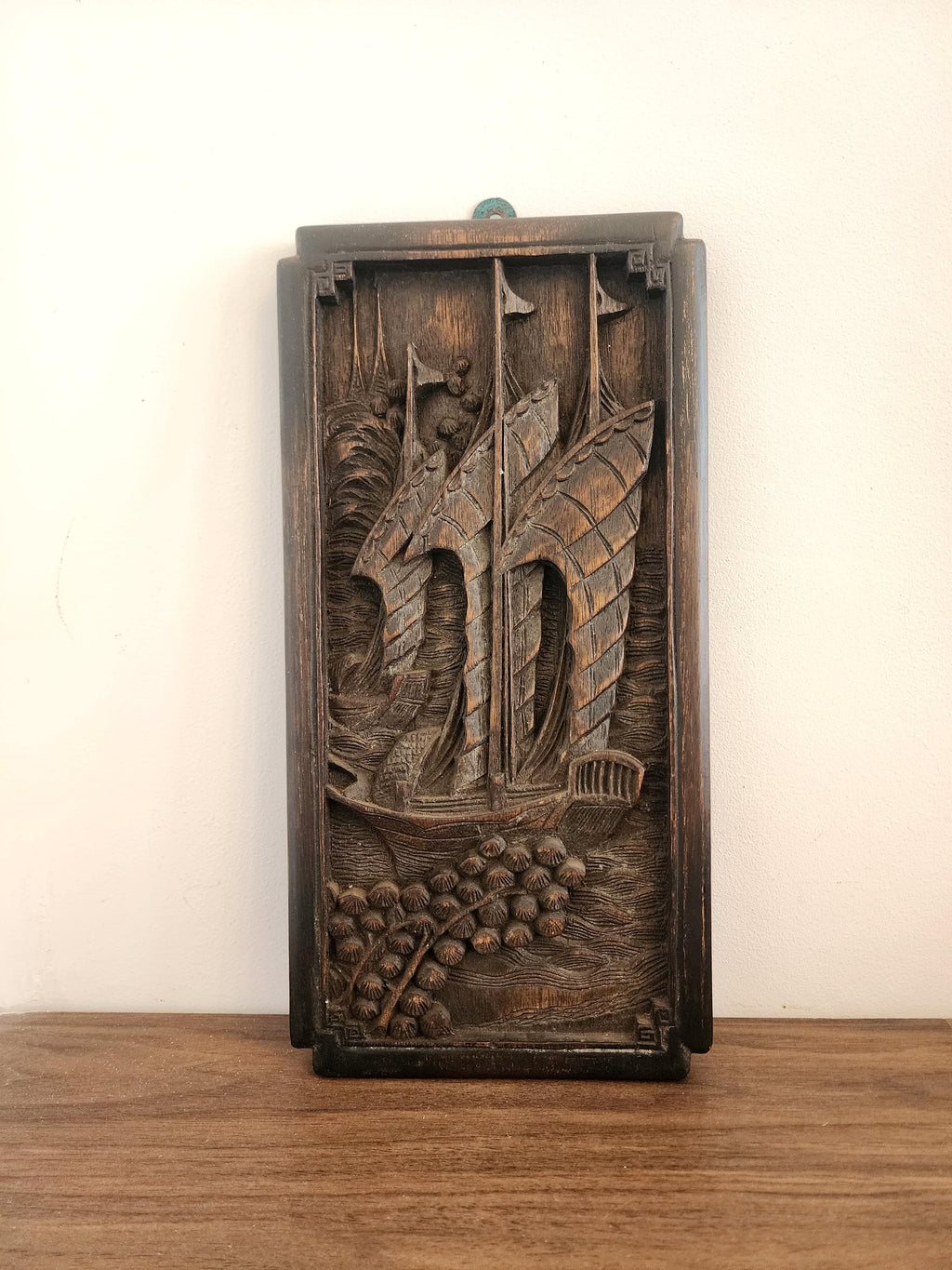 Vintage Hand-Carved Wooden Wall Art | Asian Junk Boat Relief Panel | Asian wood hand carved  boat scene