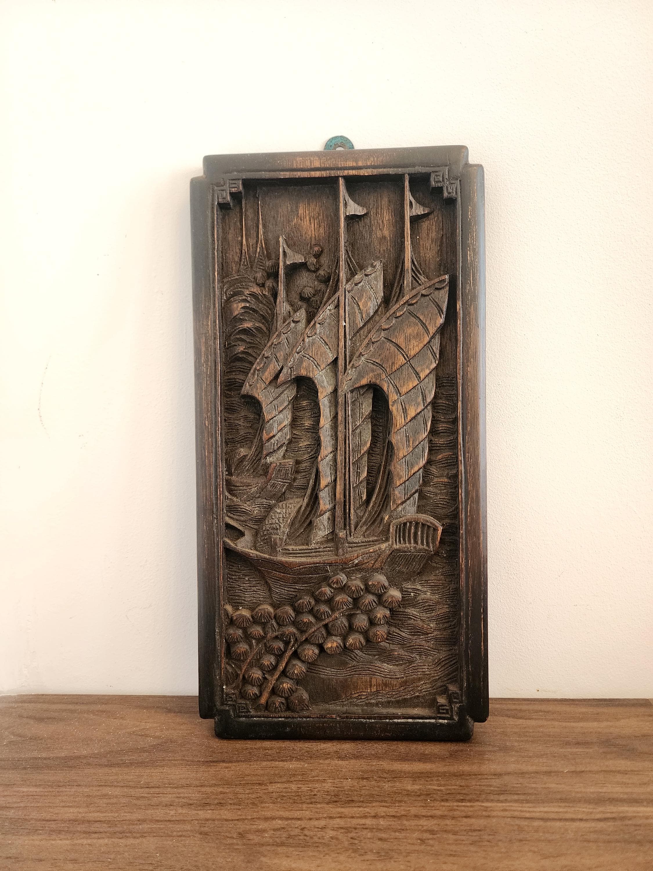 Vintage Hand-Carved Wooden Wall Art | Asian Junk Boat Relief Panel | Asian wood hand carved  boat scene