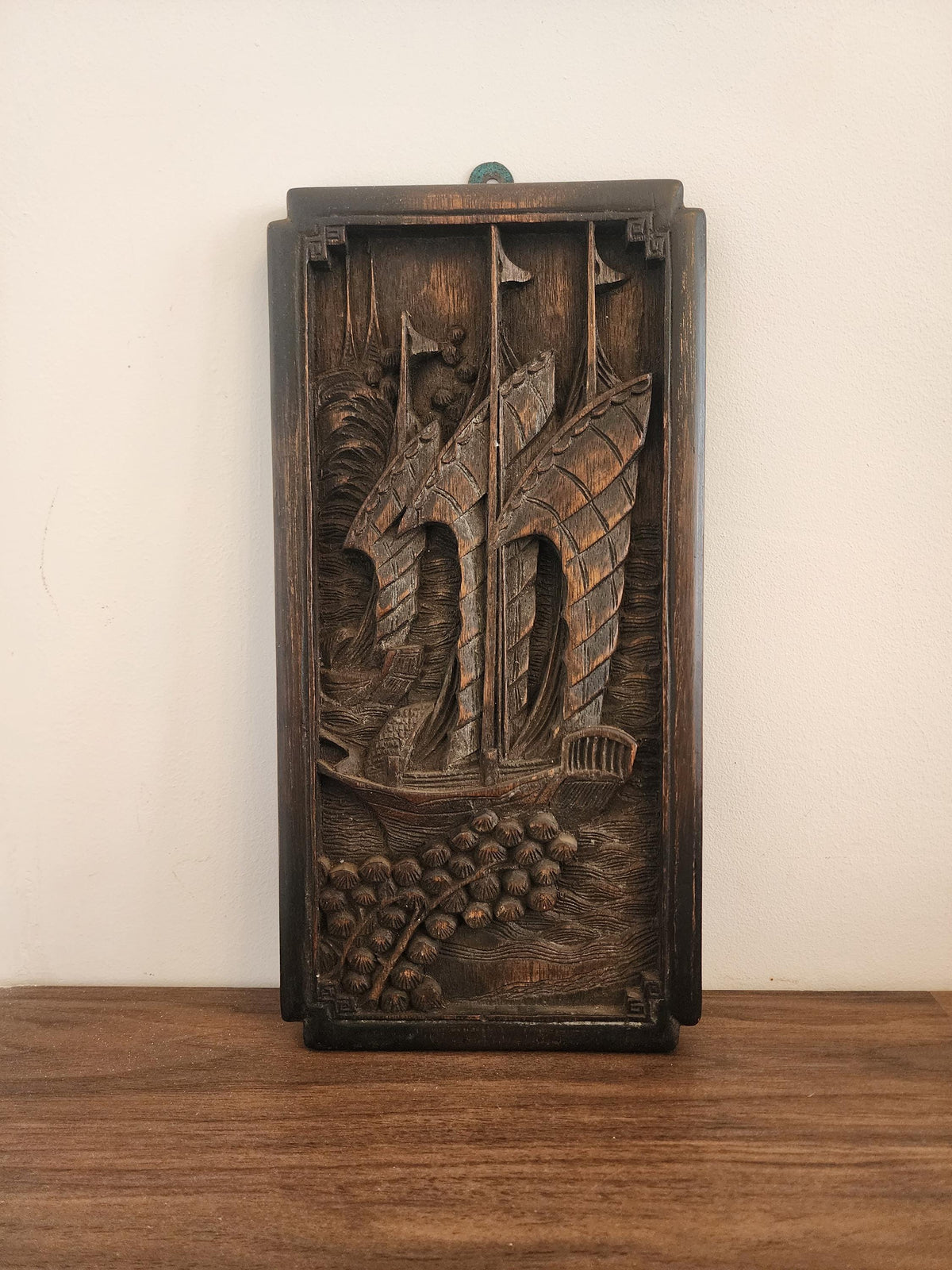 Vintage Hand-Carved Wooden Wall Art | Asian Junk Boat Relief Panel | Asian wood hand carved boat scene