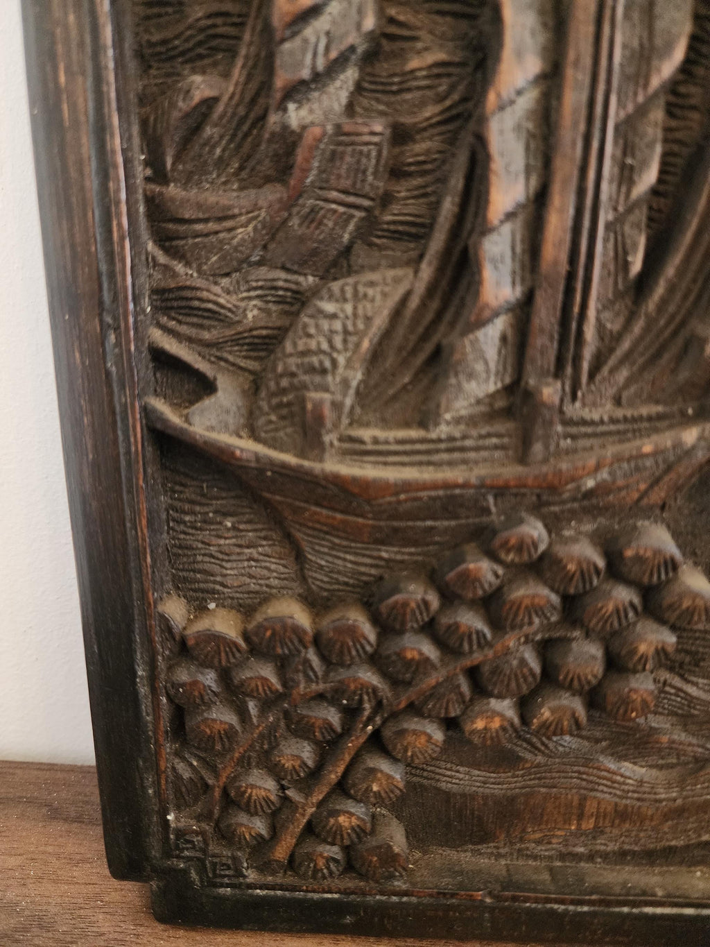 Vintage Hand-Carved Wooden Wall Art | Asian Junk Boat Relief Panel | Asian wood hand carved  boat scene