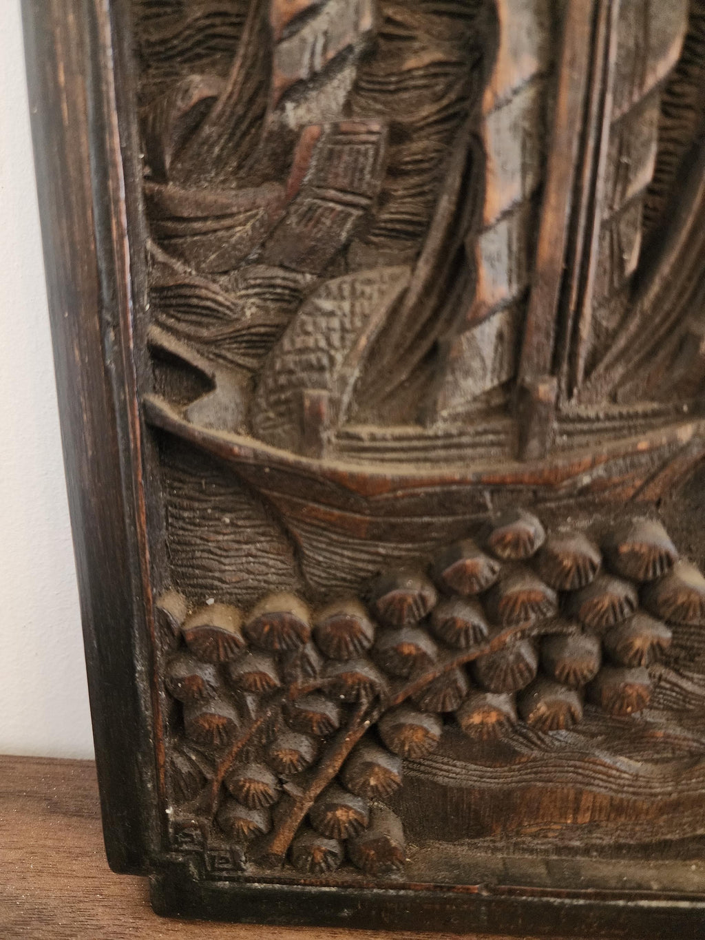 Vintage Hand-Carved Wooden Wall Art | Asian Junk Boat Relief Panel | Asian wood hand carved boat scene