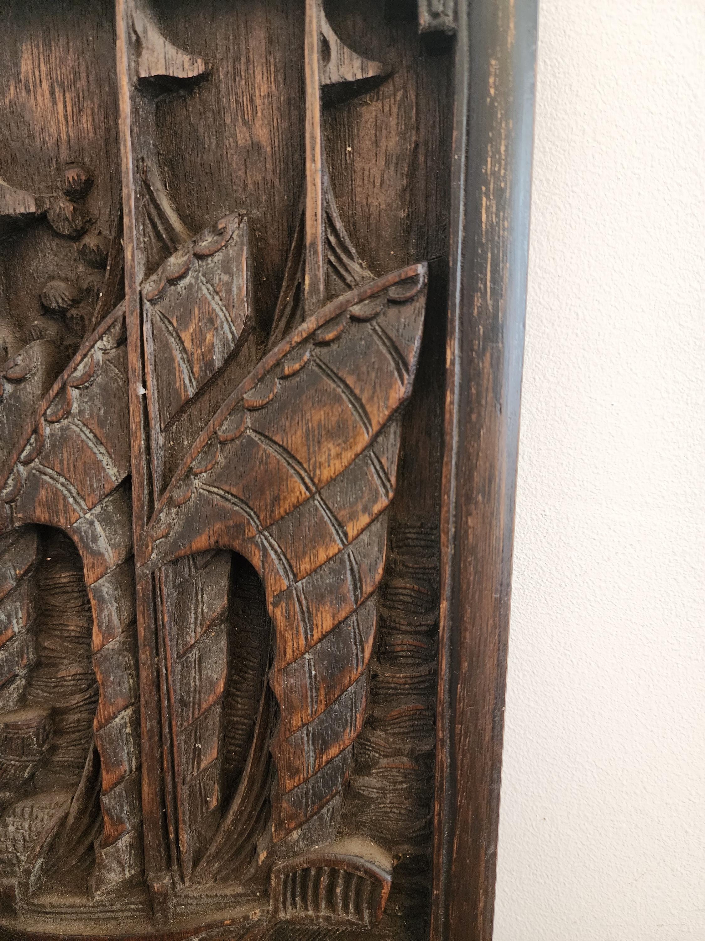 Vintage Hand-Carved Wooden Wall Art | Asian Junk Boat Relief Panel | Asian wood hand carved  boat scene