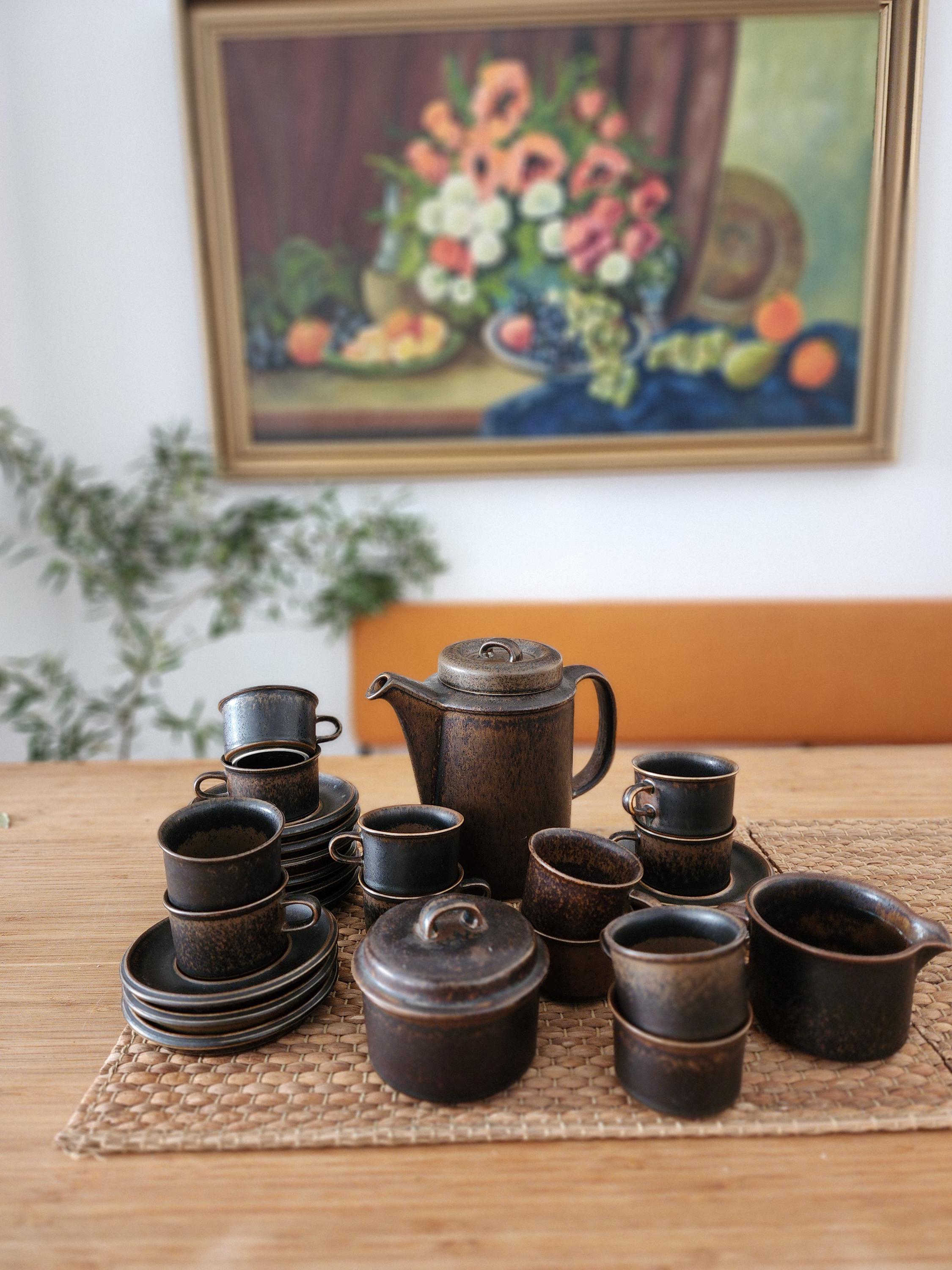 Arabia Ruska Espresso Set 12 Cups Saucers Coffee Pot Sugar Bowl Creamer Finland Ulla Procope Vintage Nordic Stoneware Midcentury