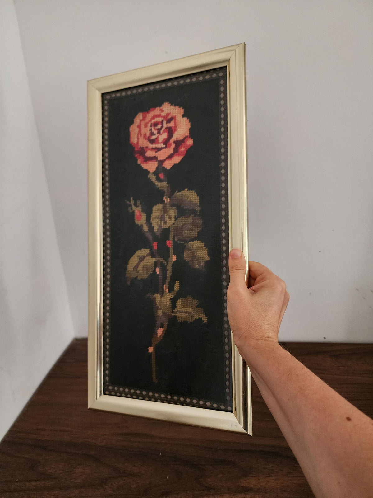 Vintage Rose Needlepoint Art, Framed Embroidery Floral Wall Decor, Handstitched Tapestry with Brass Frame, Romantic Vintage Textile