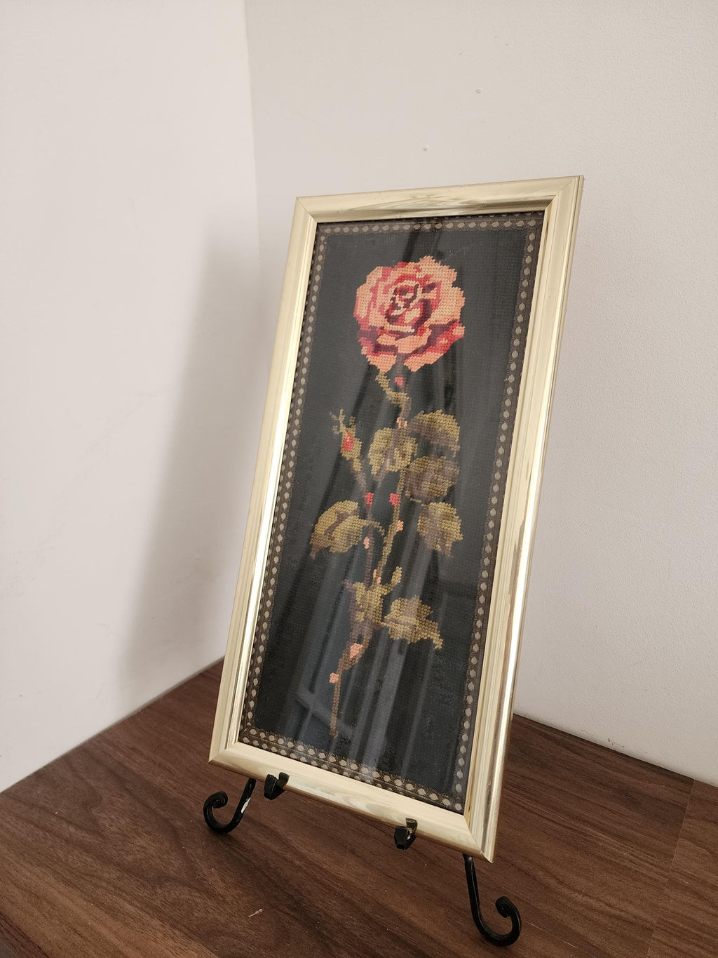 Vintage Rose Needlepoint Art, Framed Embroidery Floral Wall Decor, Handstitched Tapestry with Brass Frame, Romantic Vintage Textile