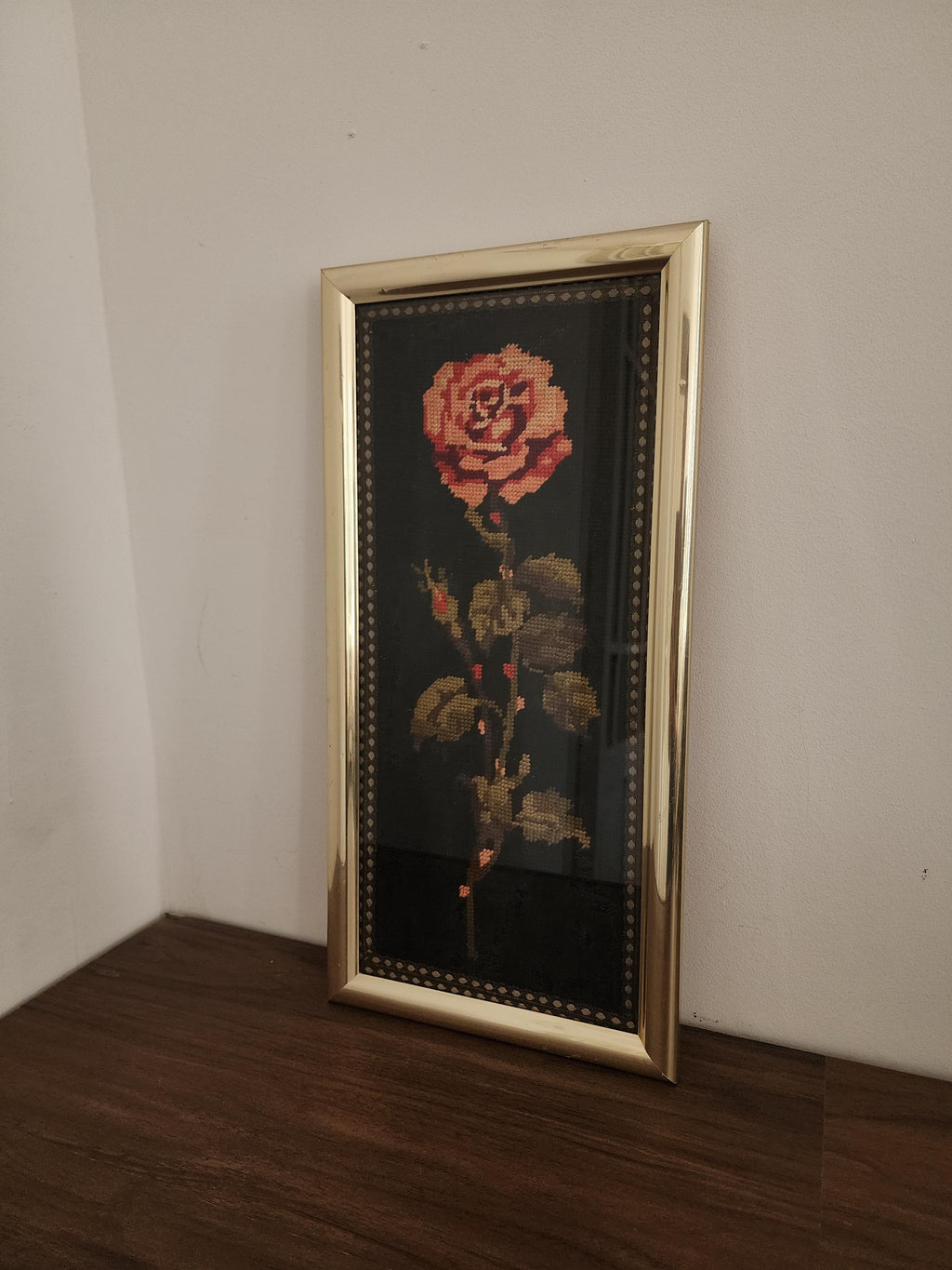 Vintage Rose Needlepoint Art, Framed Embroidery Floral Wall Decor, Handstitched Tapestry with Brass Frame, Romantic Vintage Textile