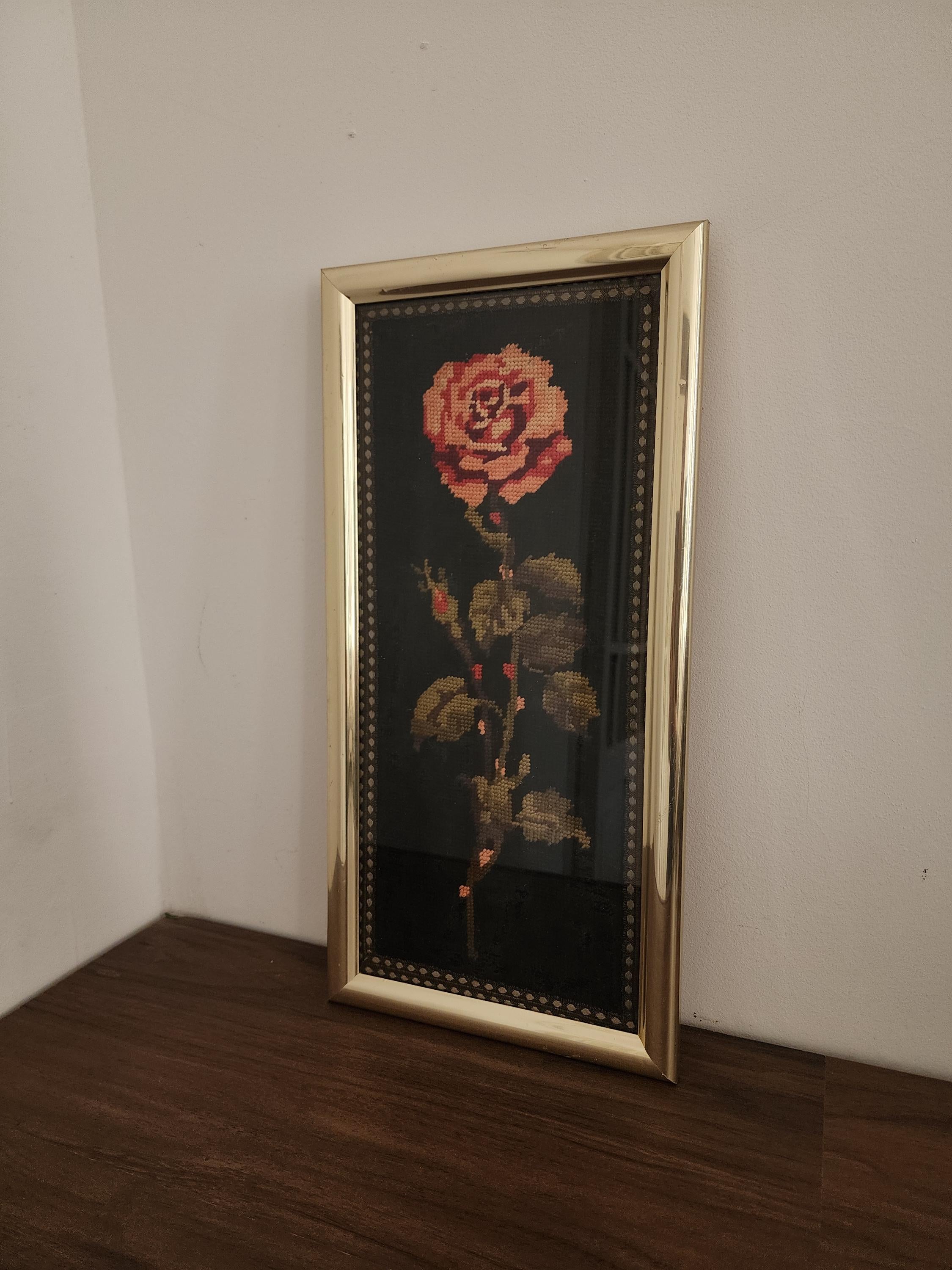 Vintage Rose Needlepoint Art, Framed Embroidery Floral Wall Decor, Handstitched Tapestry with Brass Frame, Romantic Vintage Textile