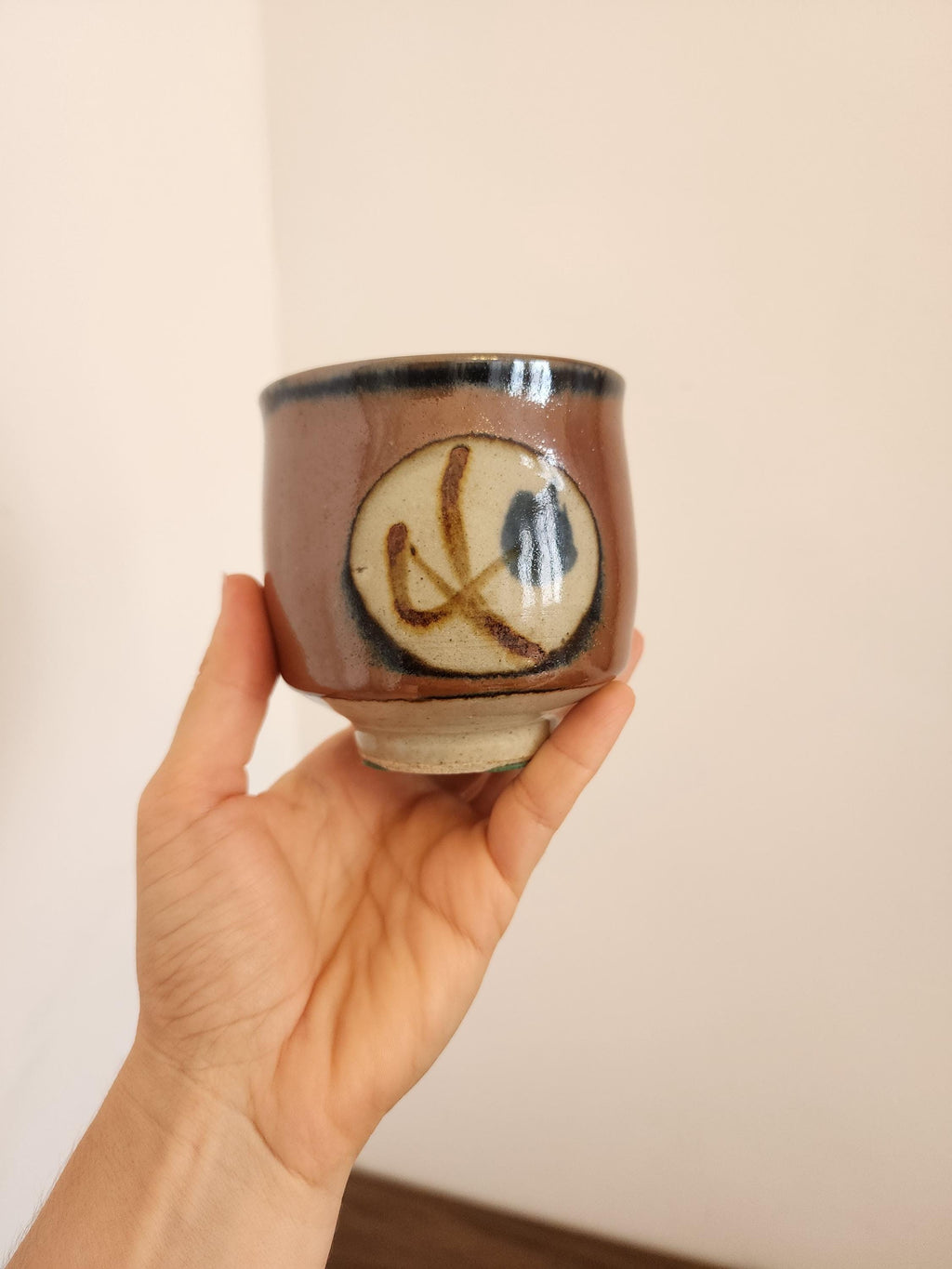 Japanese Studio Pottery Yunomi | Hand-Thrown Tea Cup with Brushwork Motif