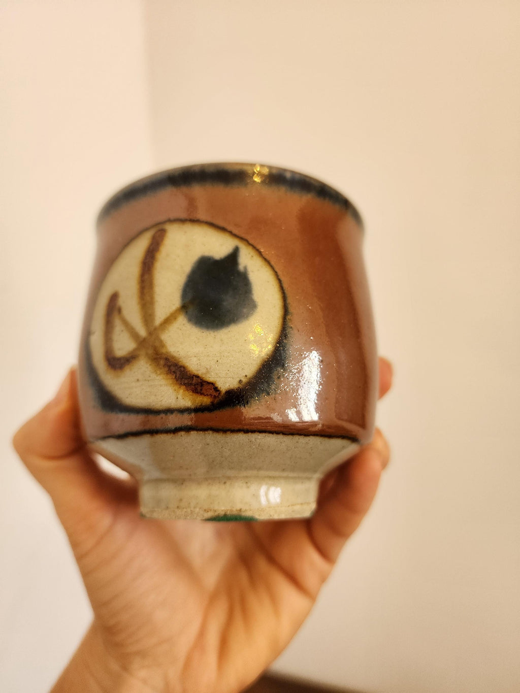 Japanese Studio Pottery Yunomi | Hand-Thrown Tea Cup with Brushwork Motif