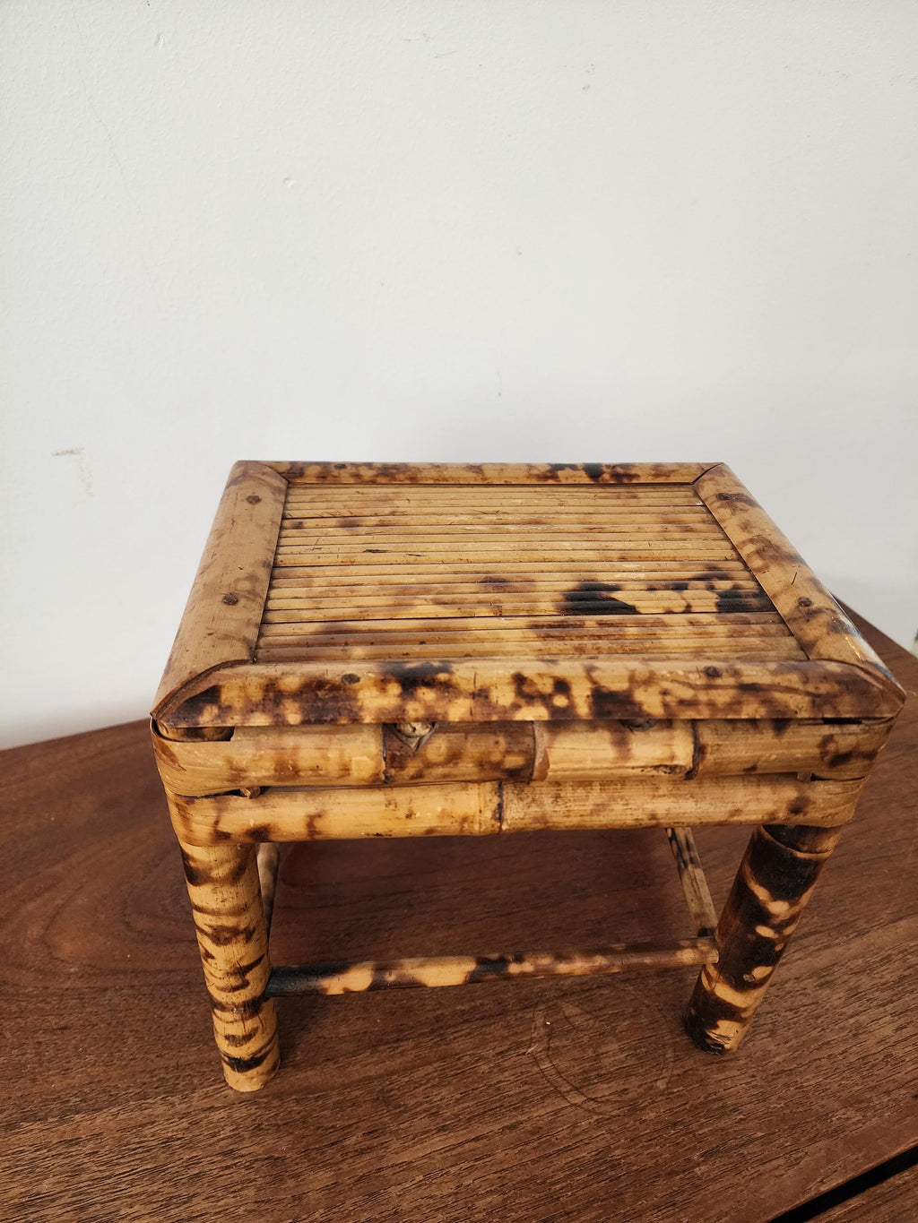 Vintage Tortoise Shell Bamboo Stool, Japanese Burnt Bamboo Riser, Wabi Sabi Display Stand, Organic Modern Boho Home Decor