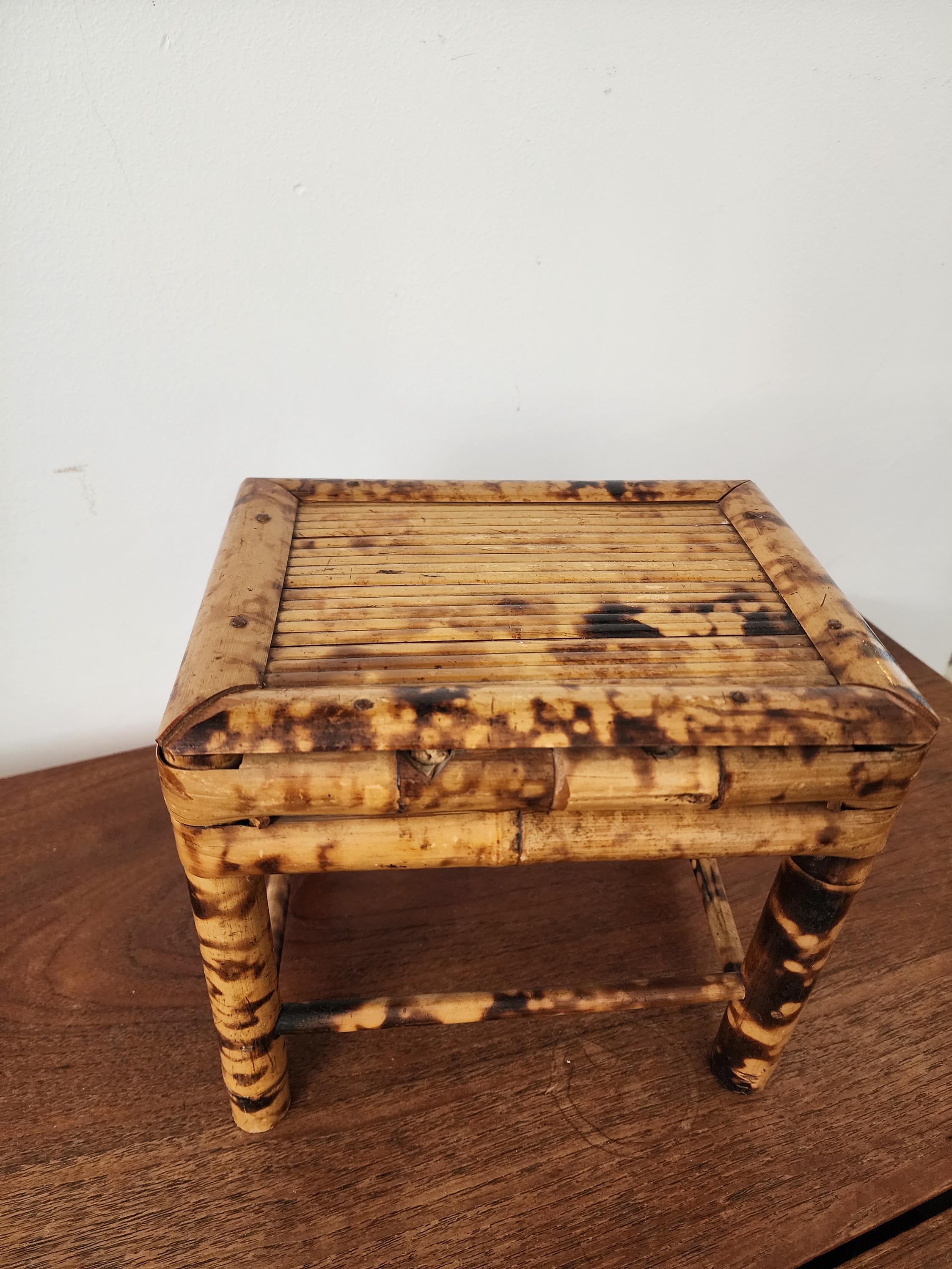 Vintage Tortoise Shell Bamboo Stool, Japanese Burnt Bamboo Riser, Wabi Sabi Display Stand, Organic Modern Boho Home Decor