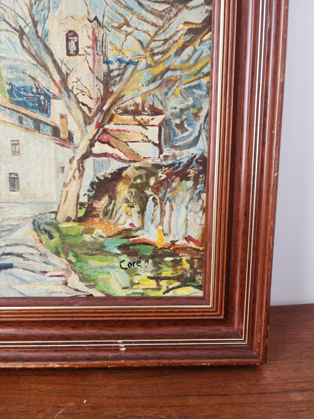 Vintage European Village Oil Painting, Framed Mid Century Landscape Art, Rustic Cottage Scene, Textured Wall Decor