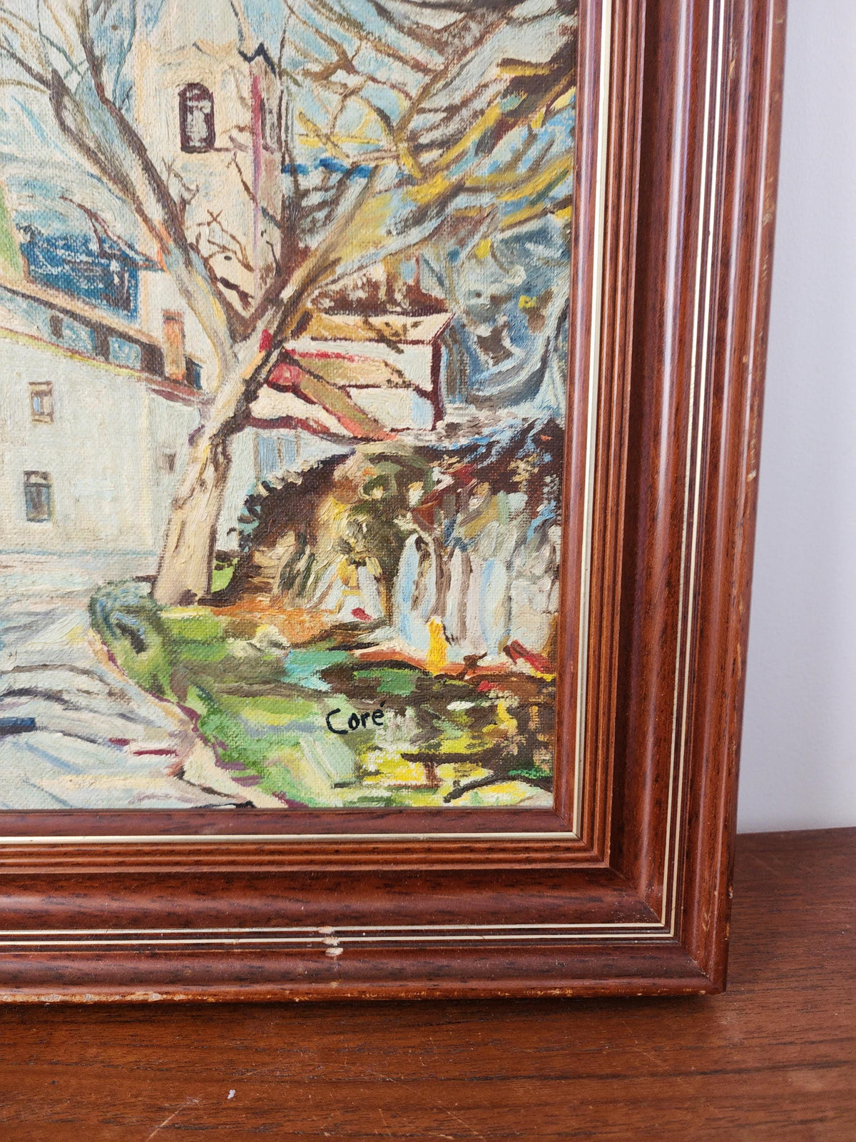 Vintage European Village Oil Painting, Framed Mid Century Landscape Art, Rustic Cottage Scene, Textured Wall Decor