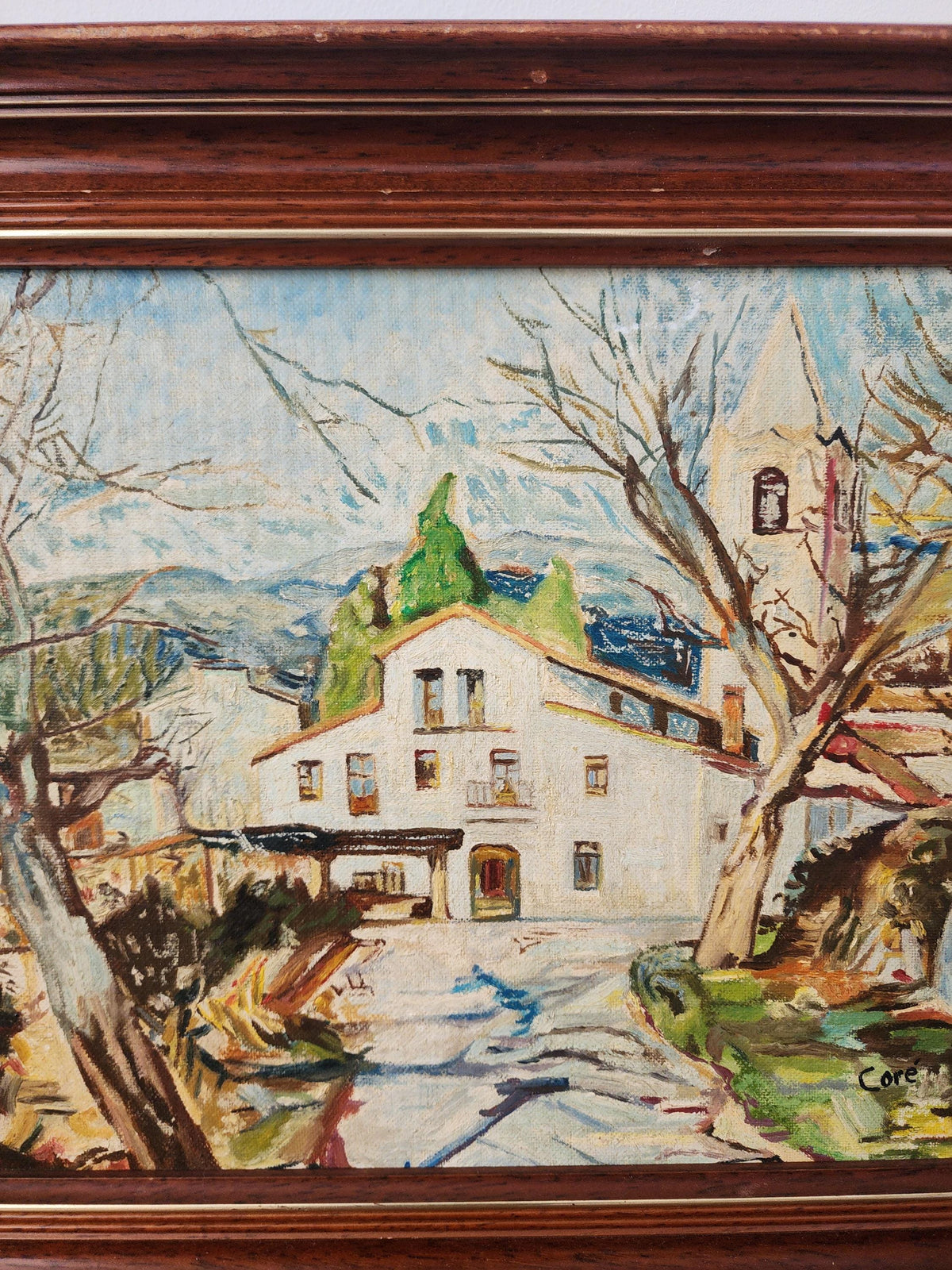 Vintage European Village Oil Painting, Framed Mid Century Landscape Art, Rustic Cottage Scene, Textured Wall Decor