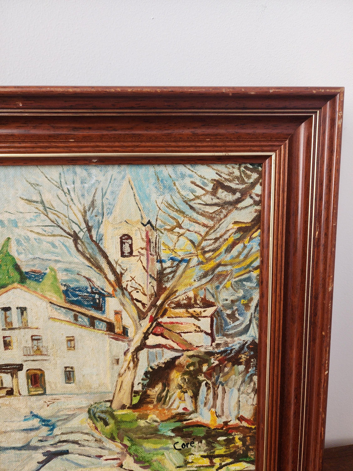 Vintage European Village Oil Painting, Framed Mid Century Landscape Art, Rustic Cottage Scene, Textured Wall Decor