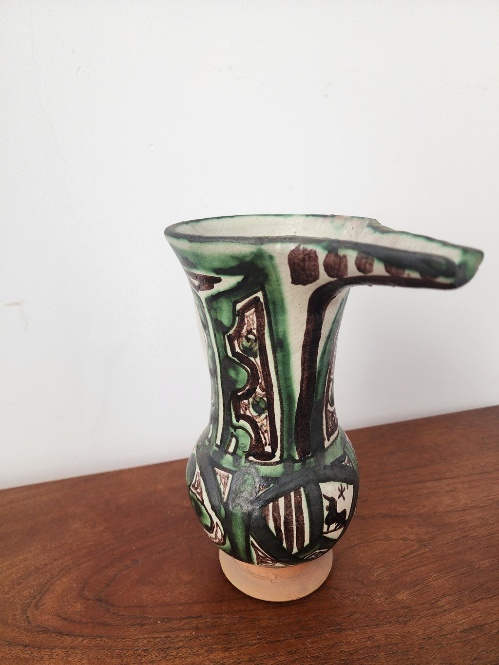 Vintage Punter Art Nouveau Pottery Pitcher, Hand Painted Green Terracotta Jug, Spanish Ceramic Vase, Collector Rustic Decor