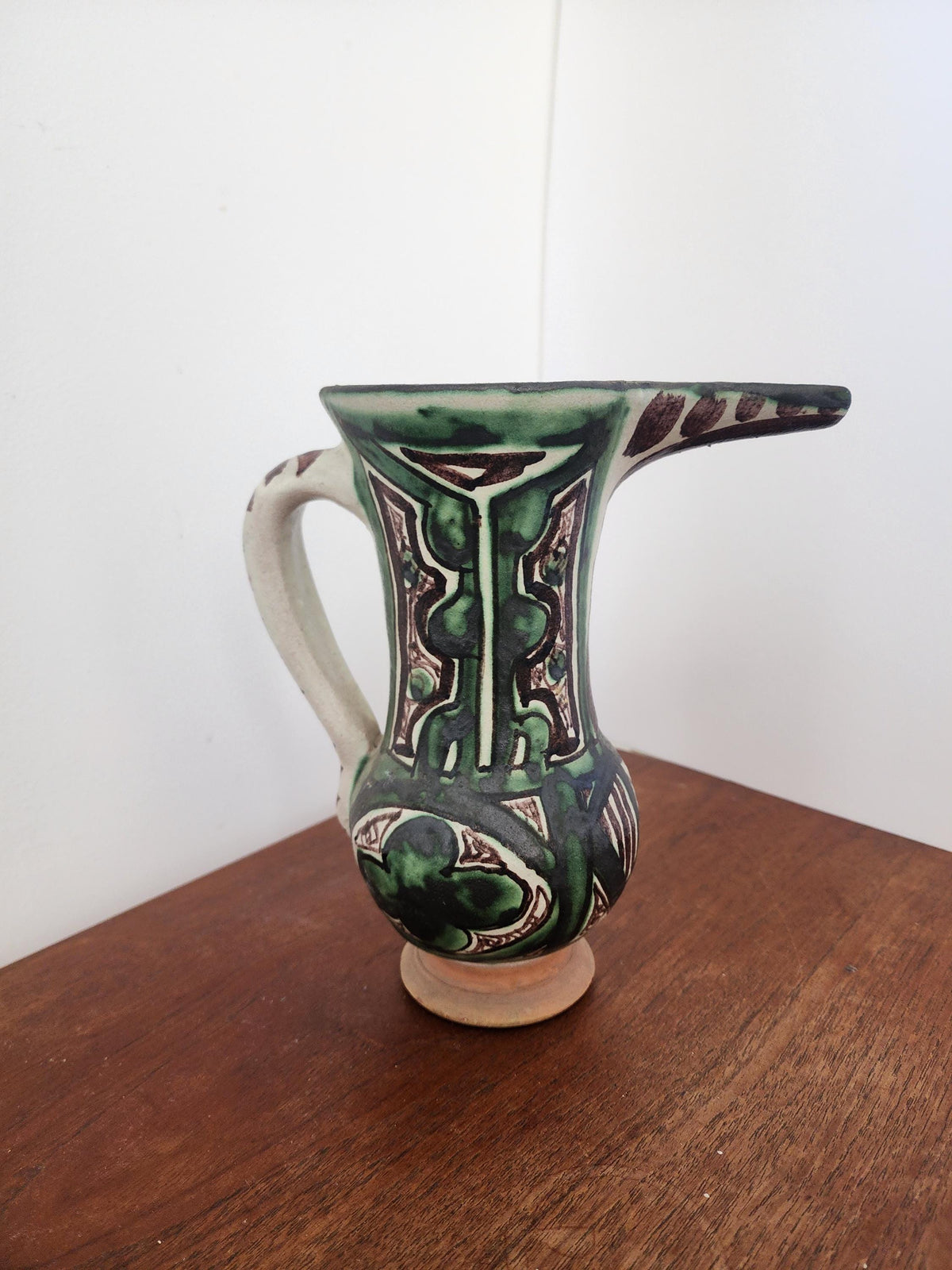 Vintage Punter Art Nouveau Pottery Pitcher, Hand Painted Green Terracotta Jug, Spanish Ceramic Vase, Collector Rustic Decor