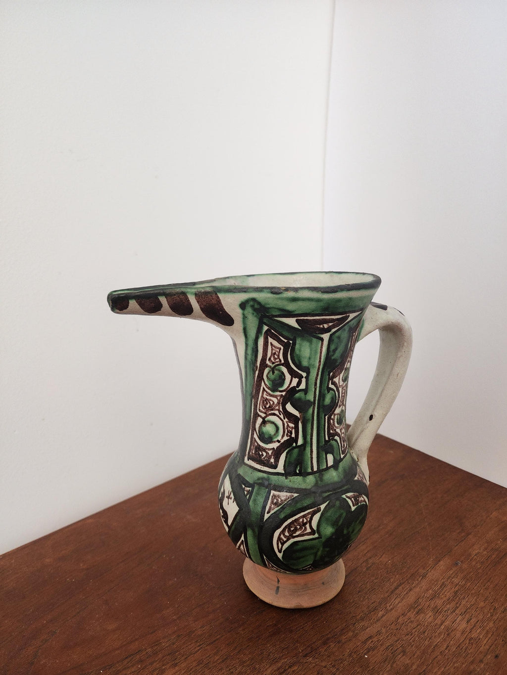 Vintage Punter Art Nouveau Pottery Pitcher, Hand Painted Green Terracotta Jug, Spanish Ceramic Vase, Collector Rustic Decor