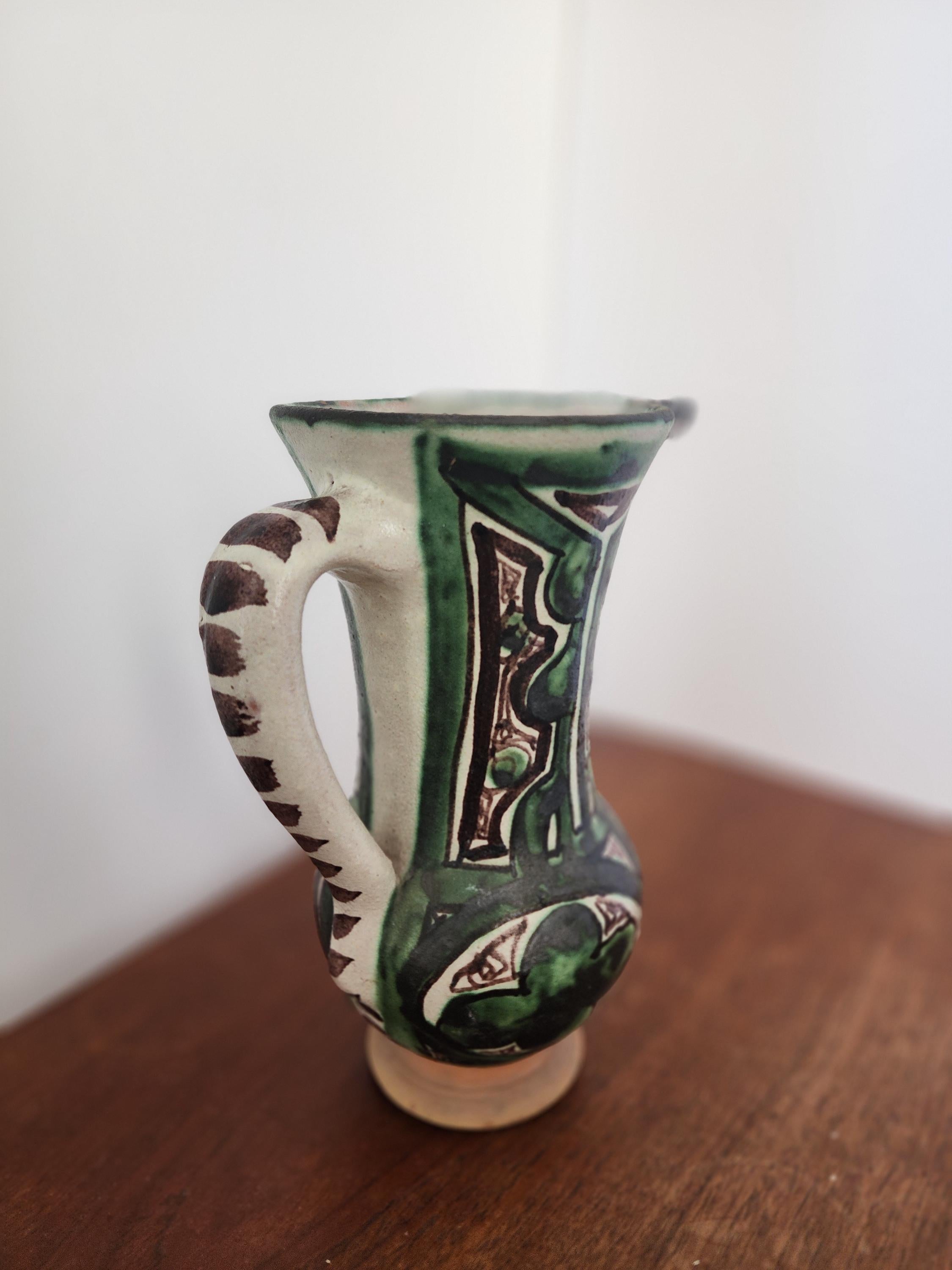 Vintage Punter Art Nouveau Pottery Pitcher, Hand Painted Green Terracotta Jug, Spanish Ceramic Vase, Collector Rustic Decor