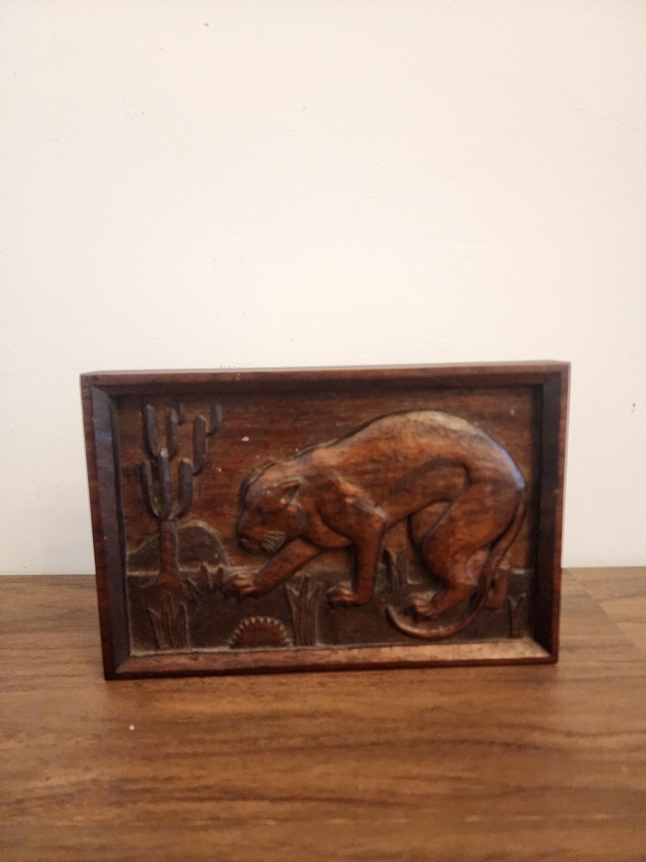 Vintage Hand Carved Wood Panther Relief, Mid Century Wall Art, Rustic Animal Plaque, Jungle Decor, Folk Art Wall Hanging