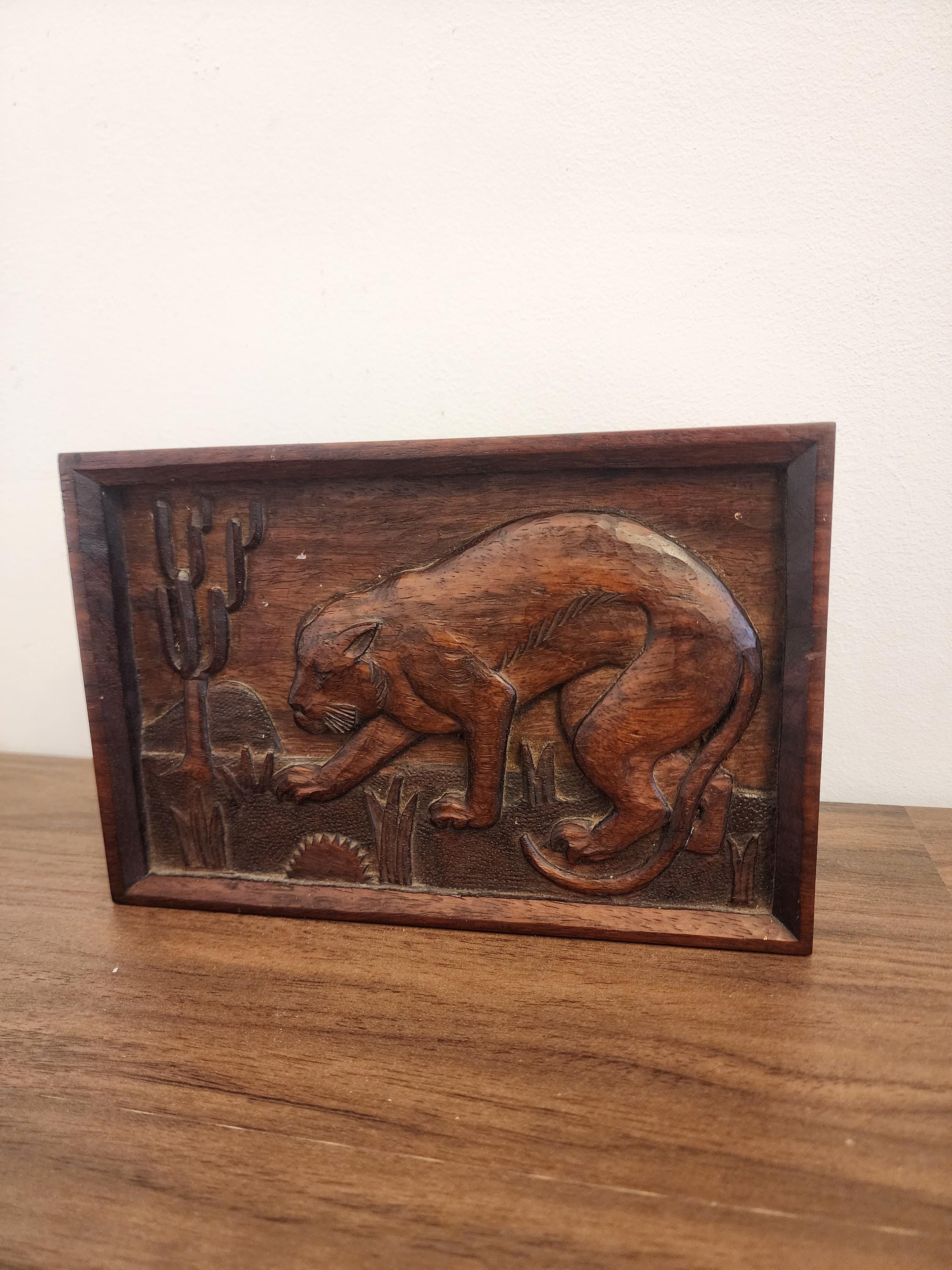 Vintage Hand Carved Wood Panther Relief, Mid Century Wall Art, Rustic Animal Plaque, Jungle Decor, Folk Art Wall Hanging