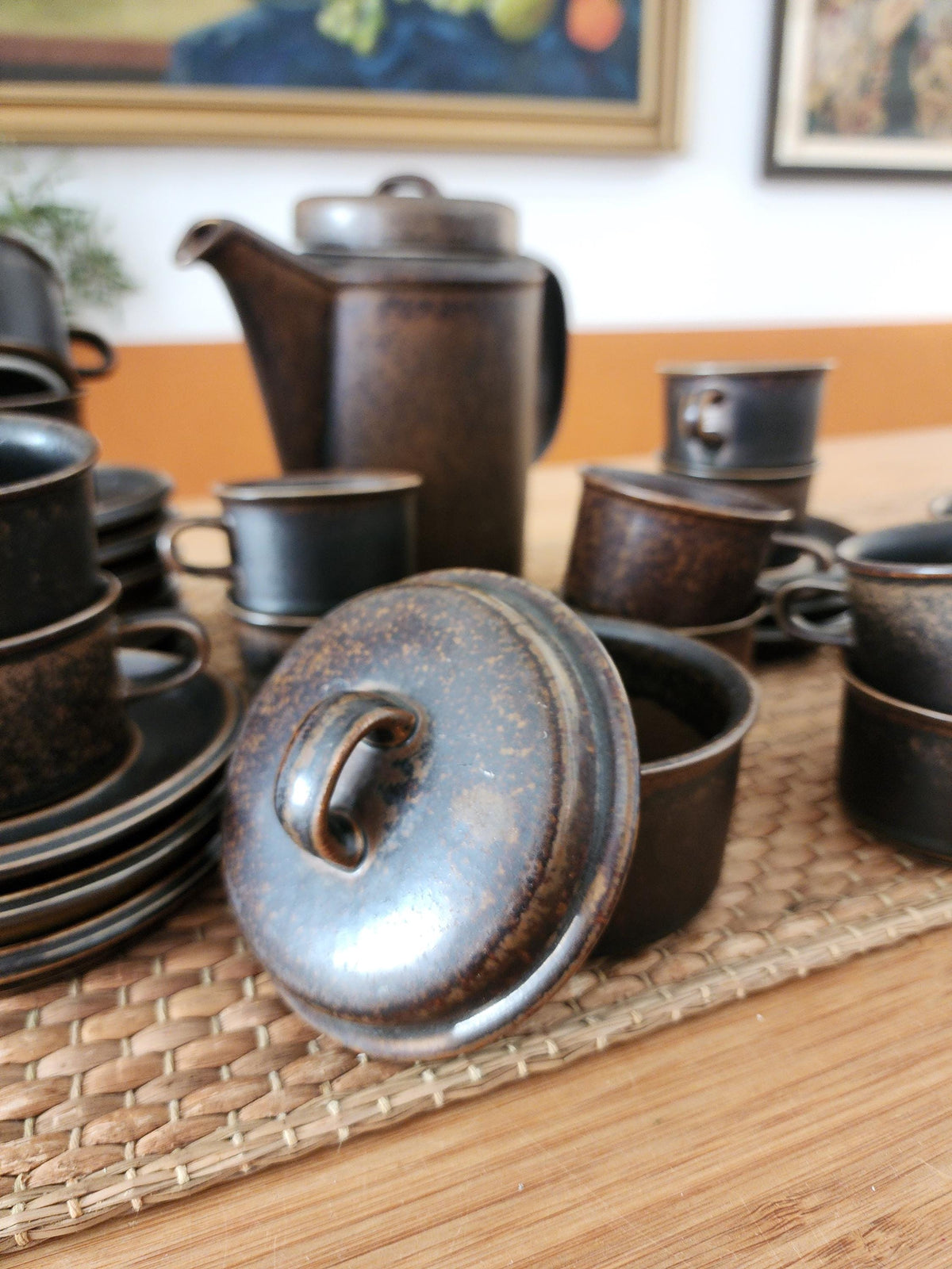 Arabia Ruska Espresso Set 12 Cups Saucers Coffee Pot Sugar Bowl Creamer Finland Ulla Procope Vintage Nordic Stoneware Midcentury