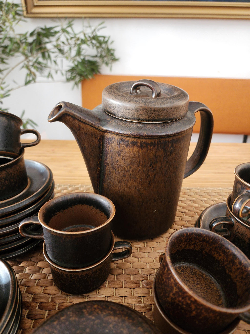 Arabia Ruska Espresso Set 12 Cups Saucers Coffee Pot Sugar Bowl Creamer Finland Ulla Procope Vintage Nordic Stoneware Midcentury
