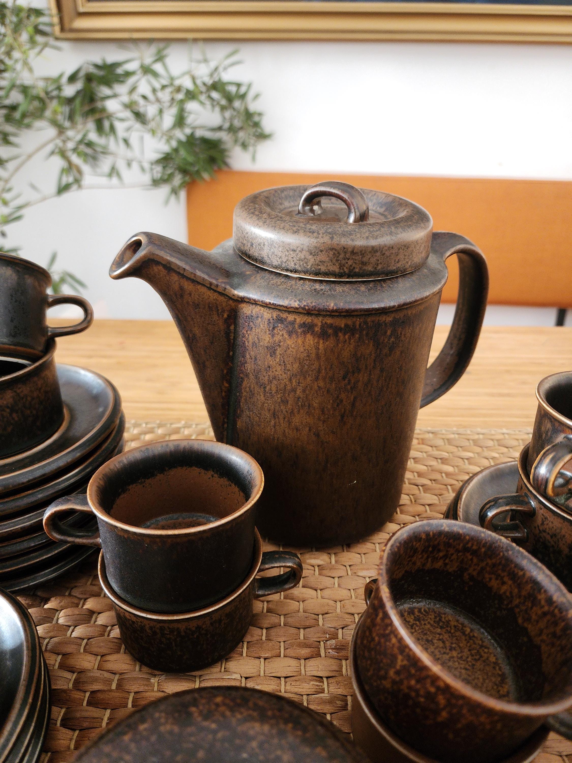 Arabia Ruska Espresso Set 12 Cups Saucers Coffee Pot Sugar Bowl Creamer Finland Ulla Procope Vintage Nordic Stoneware Midcentury