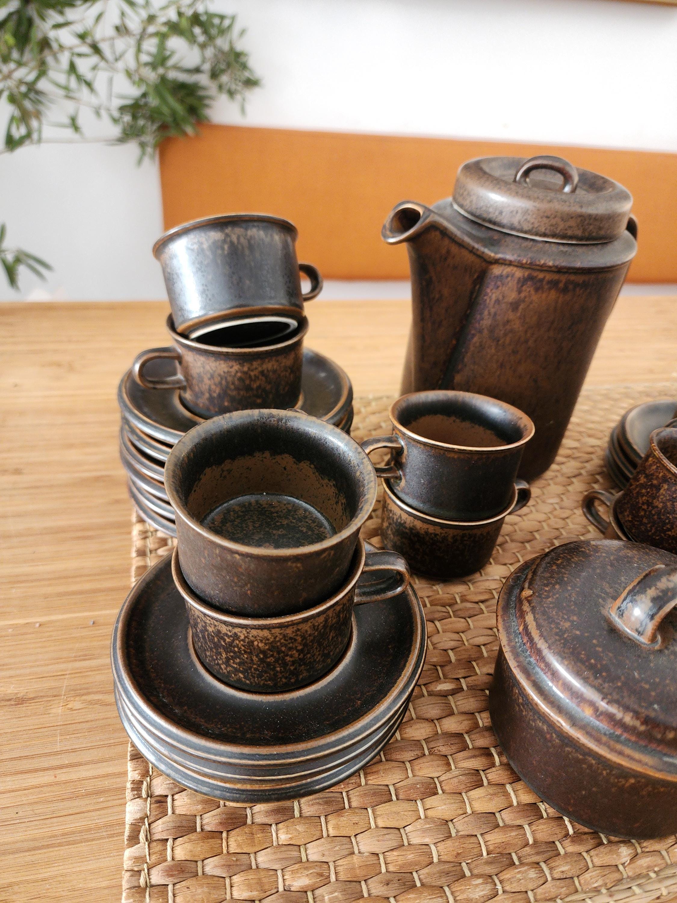 Arabia Ruska Espresso Set 12 Cups Saucers Coffee Pot Sugar Bowl Creamer Finland Ulla Procope Vintage Nordic Stoneware Midcentury