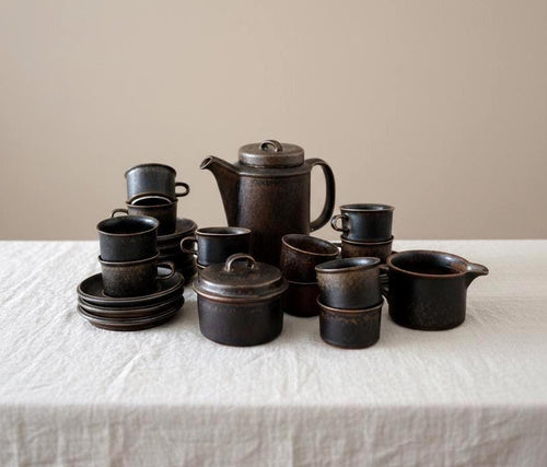 Arabia Ruska Espresso Set 12 Cups Saucers Coffee Pot Sugar Bowl Creamer Finland Ulla Procope Vintage Nordic Stoneware Midcent