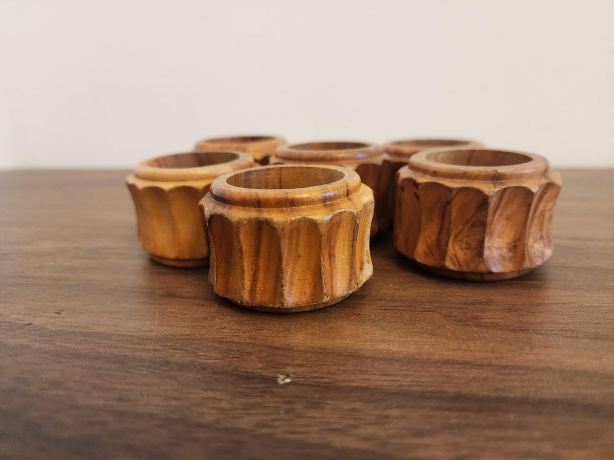 Set of 6 Vintage Carved Wooden Napkin Rings, Mid Century Modern Table Decor, Natural Teak Style Fluted Design, Rustic Dining Accessories