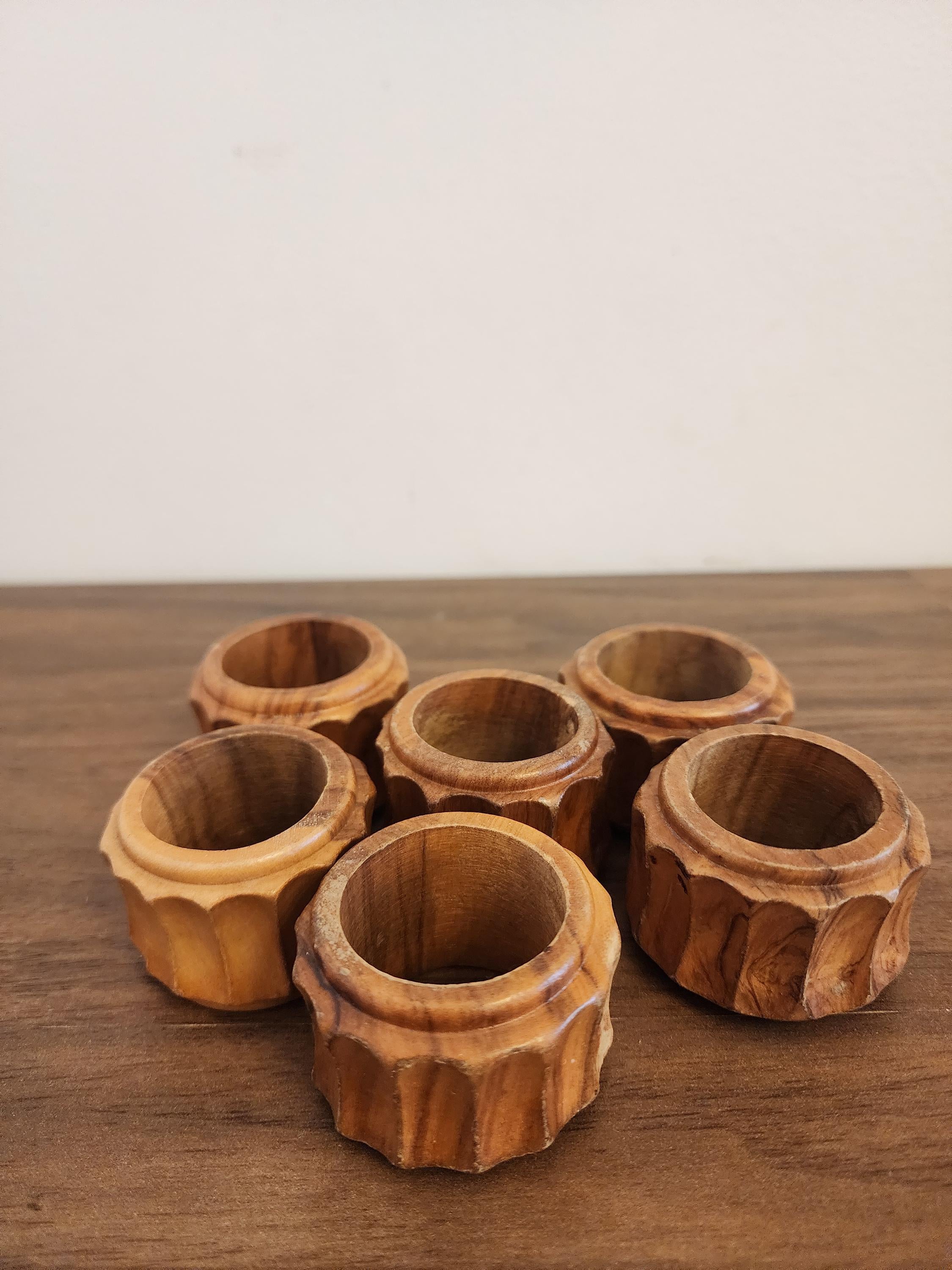 Set of 6 Vintage Carved Wooden Napkin Rings, Mid Century Modern Table Decor, Natural Teak Style Fluted Design, Rustic Dining Accessories