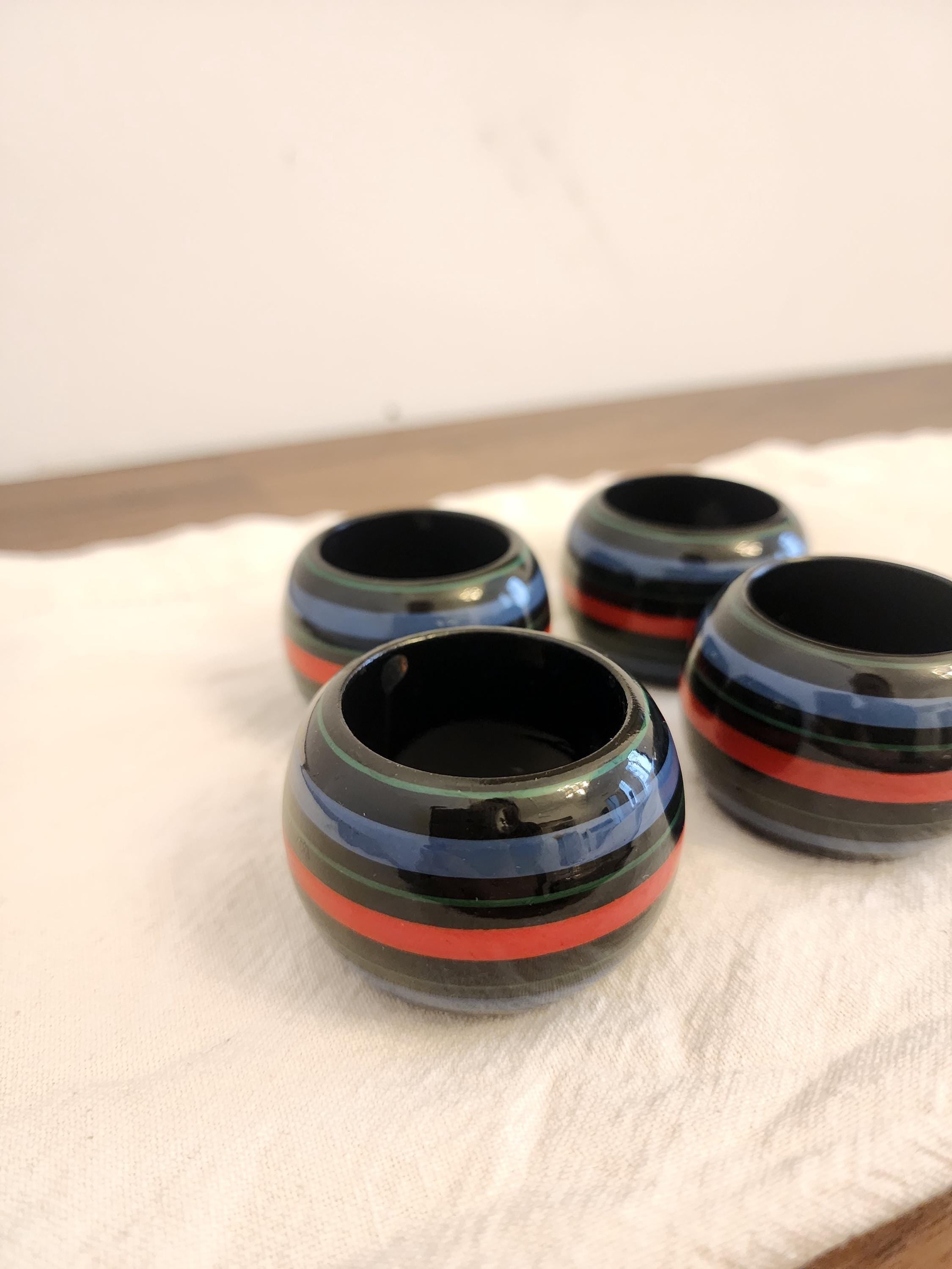 Set of 4 Vintage Hand Painted Lacquer Napkin Rings, Black with Red Blue Green Stripes, Retro Mid Century Modern Dining Table Decor