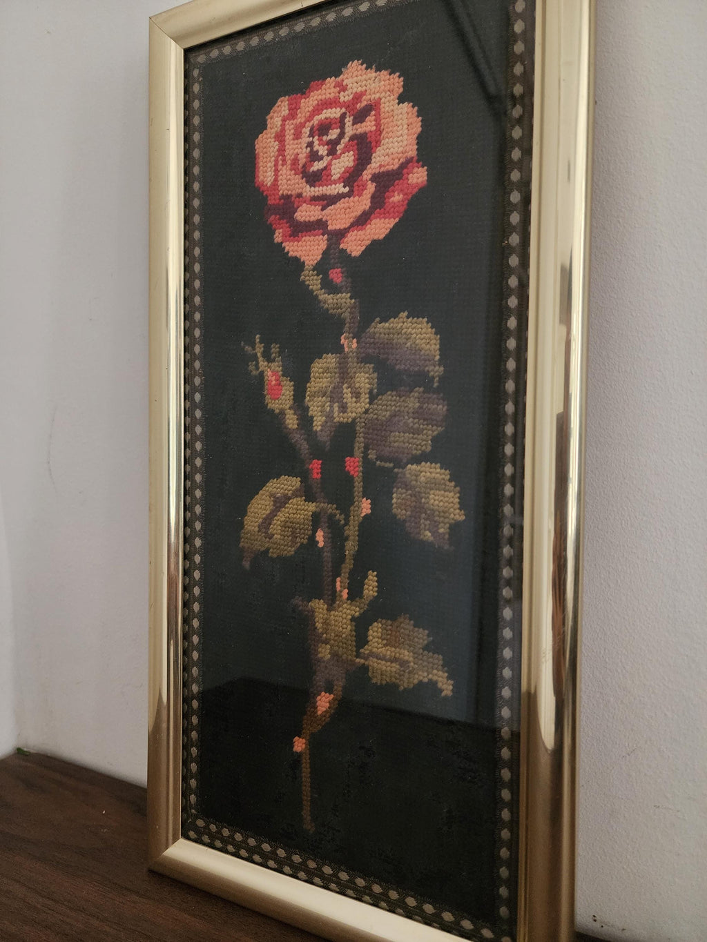 Vintage Rose Needlepoint Art, Framed Embroidery Floral Wall Decor, Handstitched Tapestry with Brass Frame, Romantic Vintage Textile