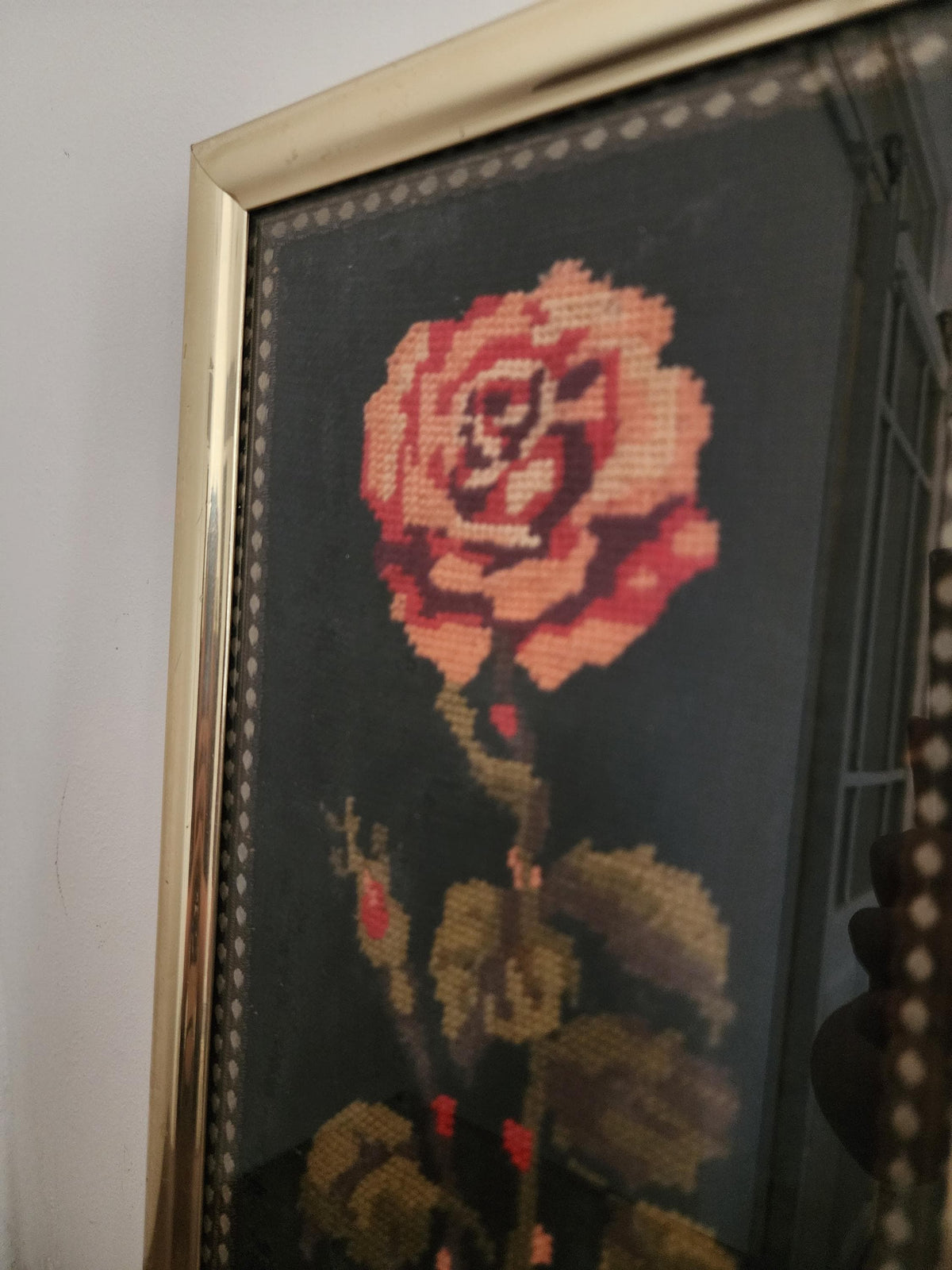 Vintage Rose Needlepoint Art, Framed Embroidery Floral Wall Decor, Handstitched Tapestry with Brass Frame, Romantic Vintage Textile