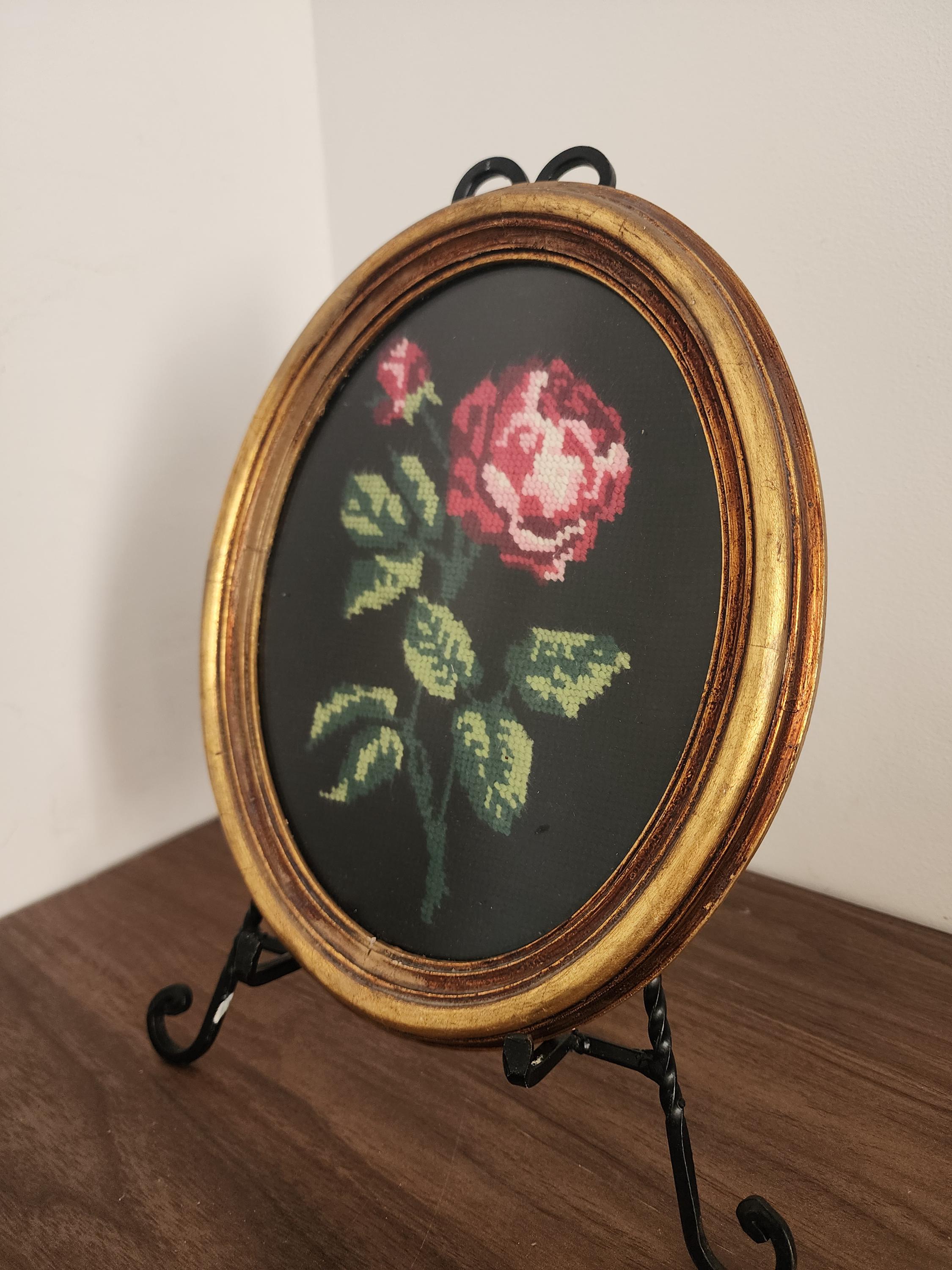 Vintage Rose Needlepoint Art – Oval Floral Embroidery Wall Decor in Gilded Frame – Romantic Cottagecore Wall Hanging – 11x8.5"