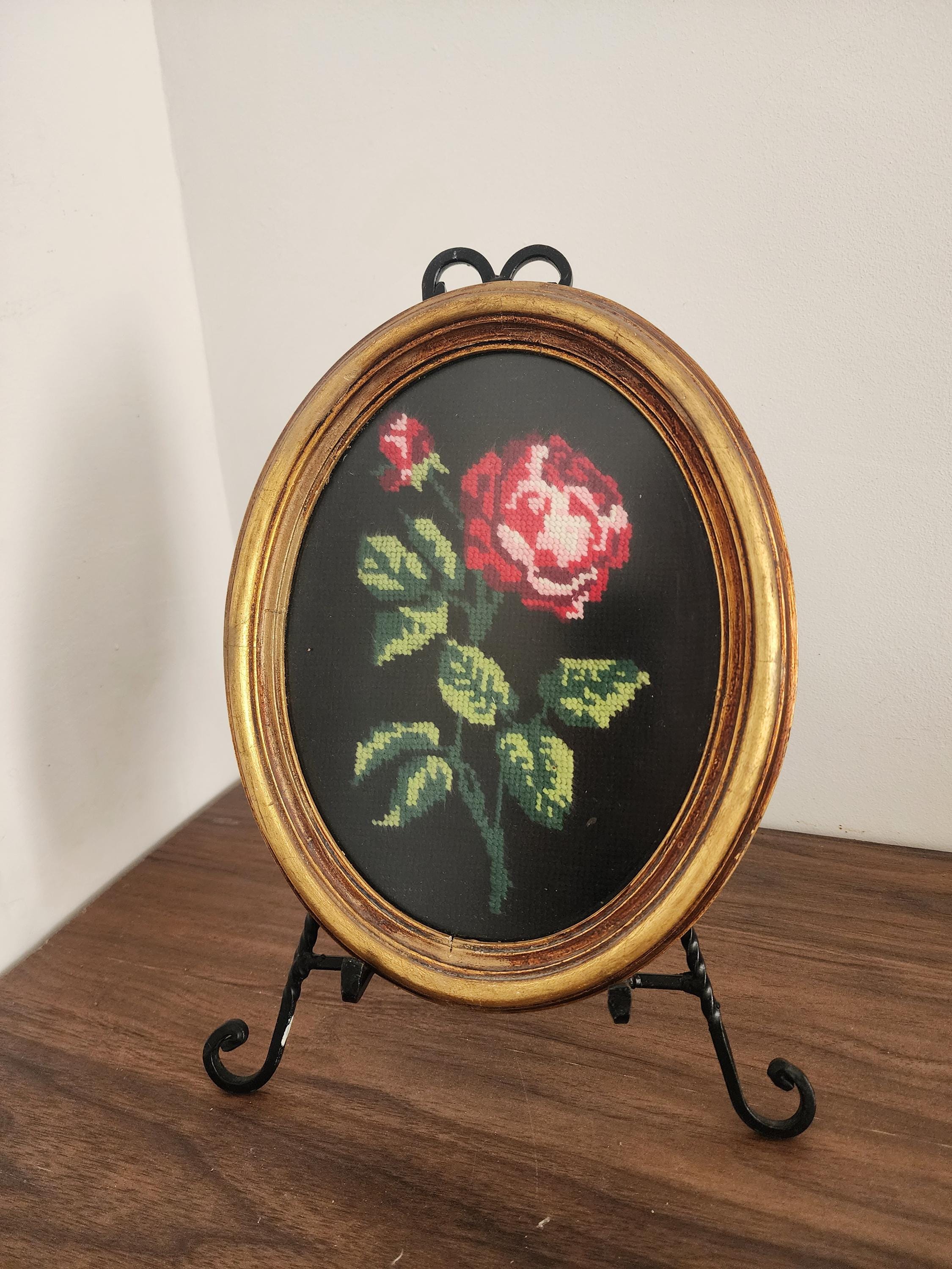 Vintage Rose Needlepoint Art – Oval Floral Embroidery Wall Decor in Gilded Frame – Romantic Cottagecore Wall Hanging – 11x8.5"